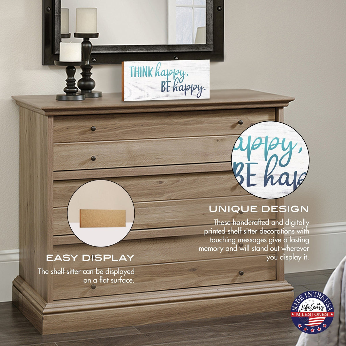 Inspirational Wooden Shelf Décor and Tabletop Signs for Spring Season - Think Happy - LifeSong Milestones