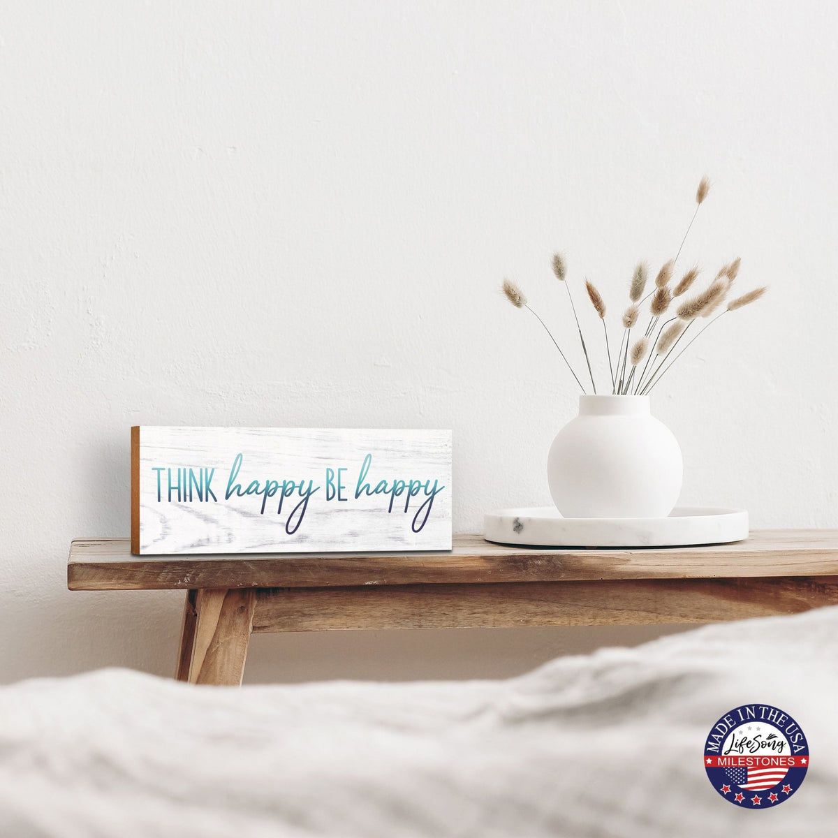 Inspirational Wooden Shelf Décor and Tabletop Signs for Spring Season - Think Happy - LifeSong Milestones