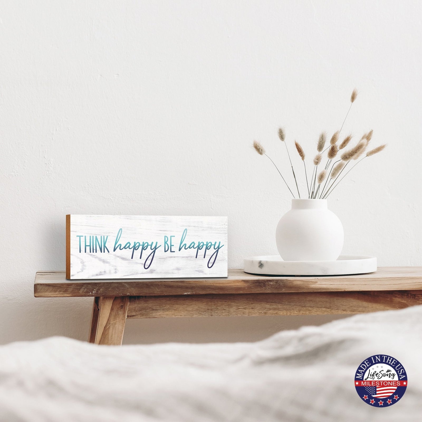 Inspirational Wooden Shelf Décor and Tabletop Signs for Spring Season - Think Happy - LifeSong Milestones