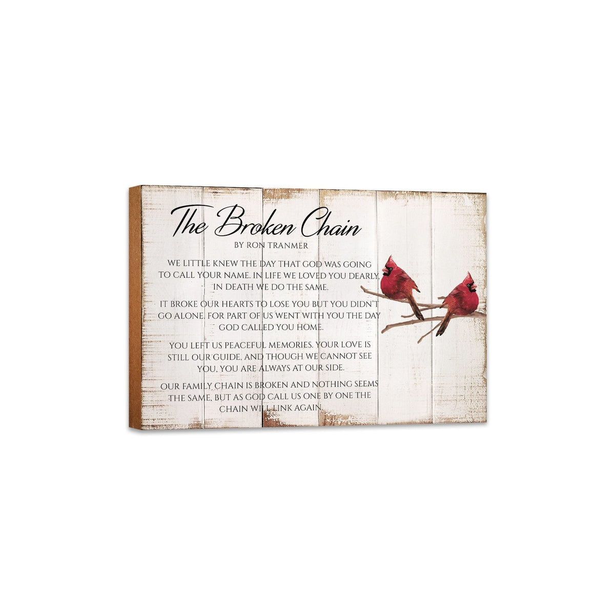 The Broken Chain memorial plaque with red cardinals on rustic white wood.