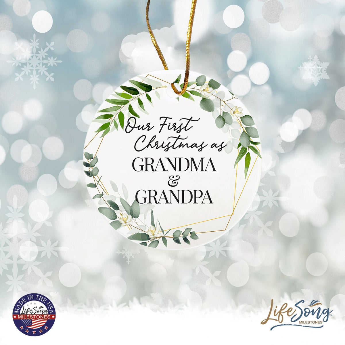 Inspiring 2.75in Christmas Ceramic White Round Ornament for Grandparents - Our First Christmas - LifeSong Milestones