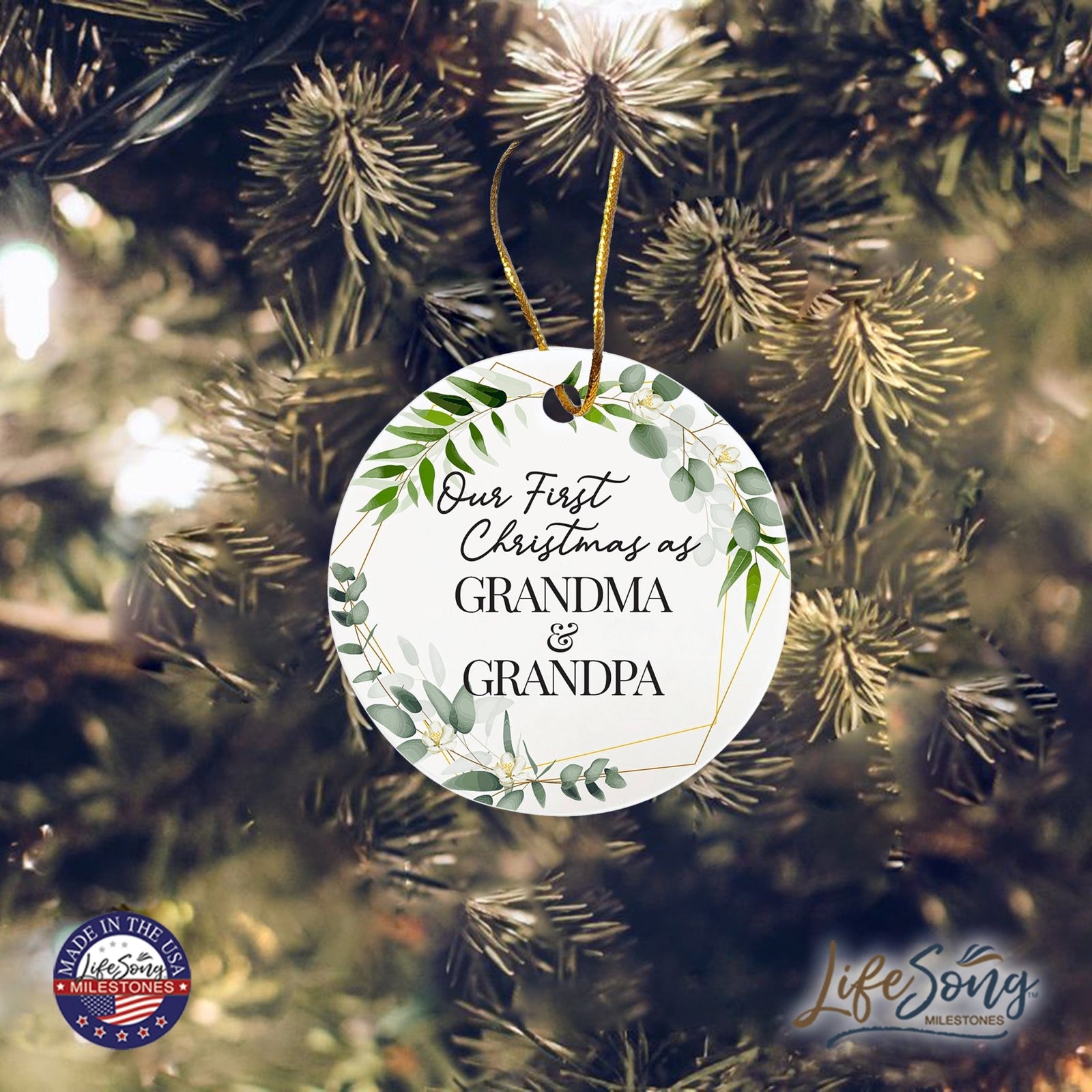 Inspiring 2.75in Christmas Ceramic White Round Ornament for Grandparents - Our First Christmas - LifeSong Milestones