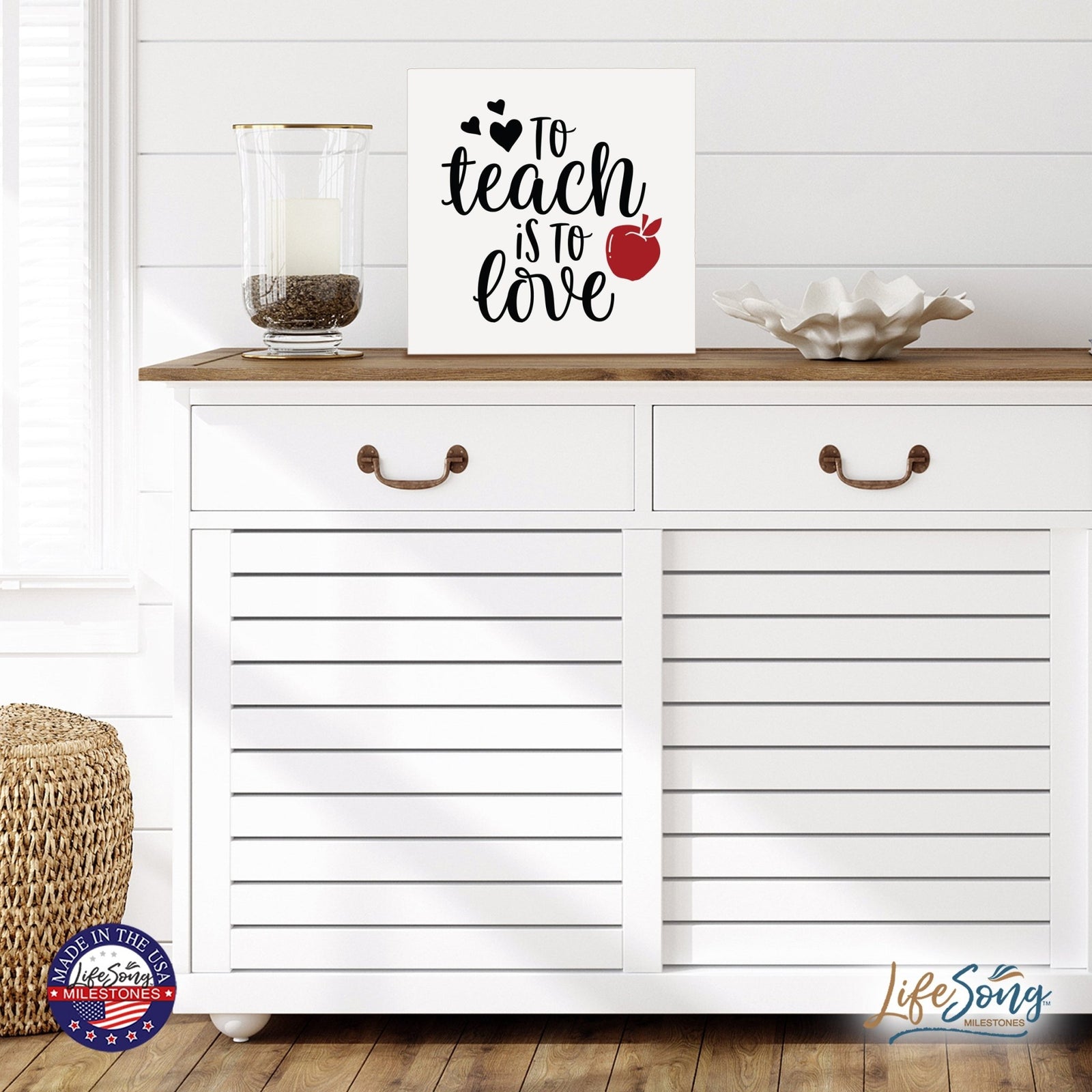 Inspiring Modern Framed Shadow Box 10x10 To Teach Is To (Red Apple) - LifeSong Milestones
