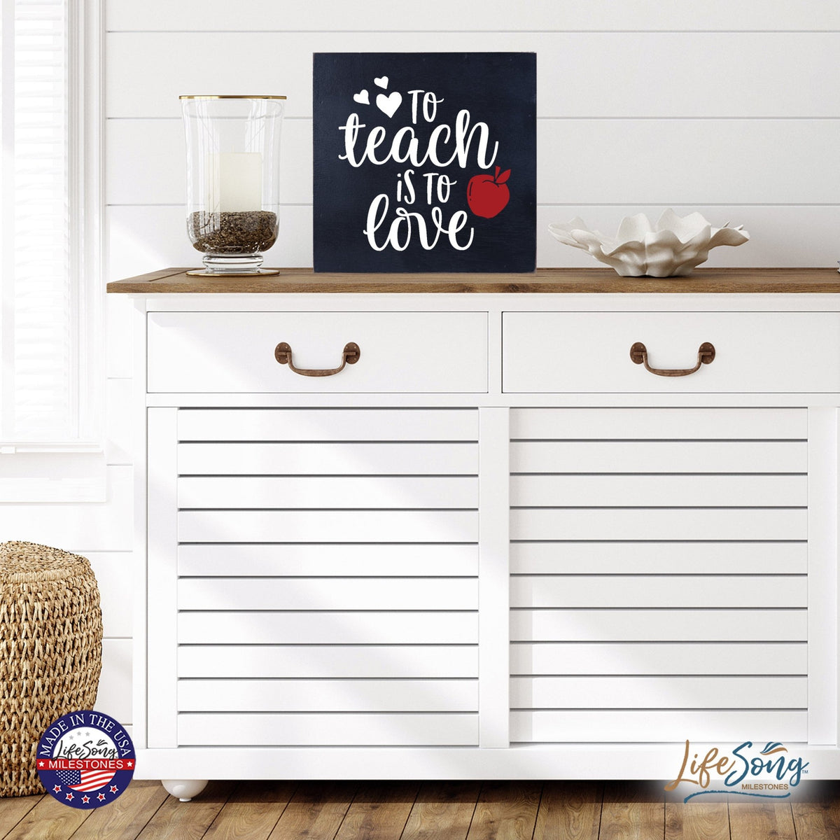 Inspiring Modern Framed Shadow Box 10x10 To Teach Is To (Red Apple) - LifeSong Milestones