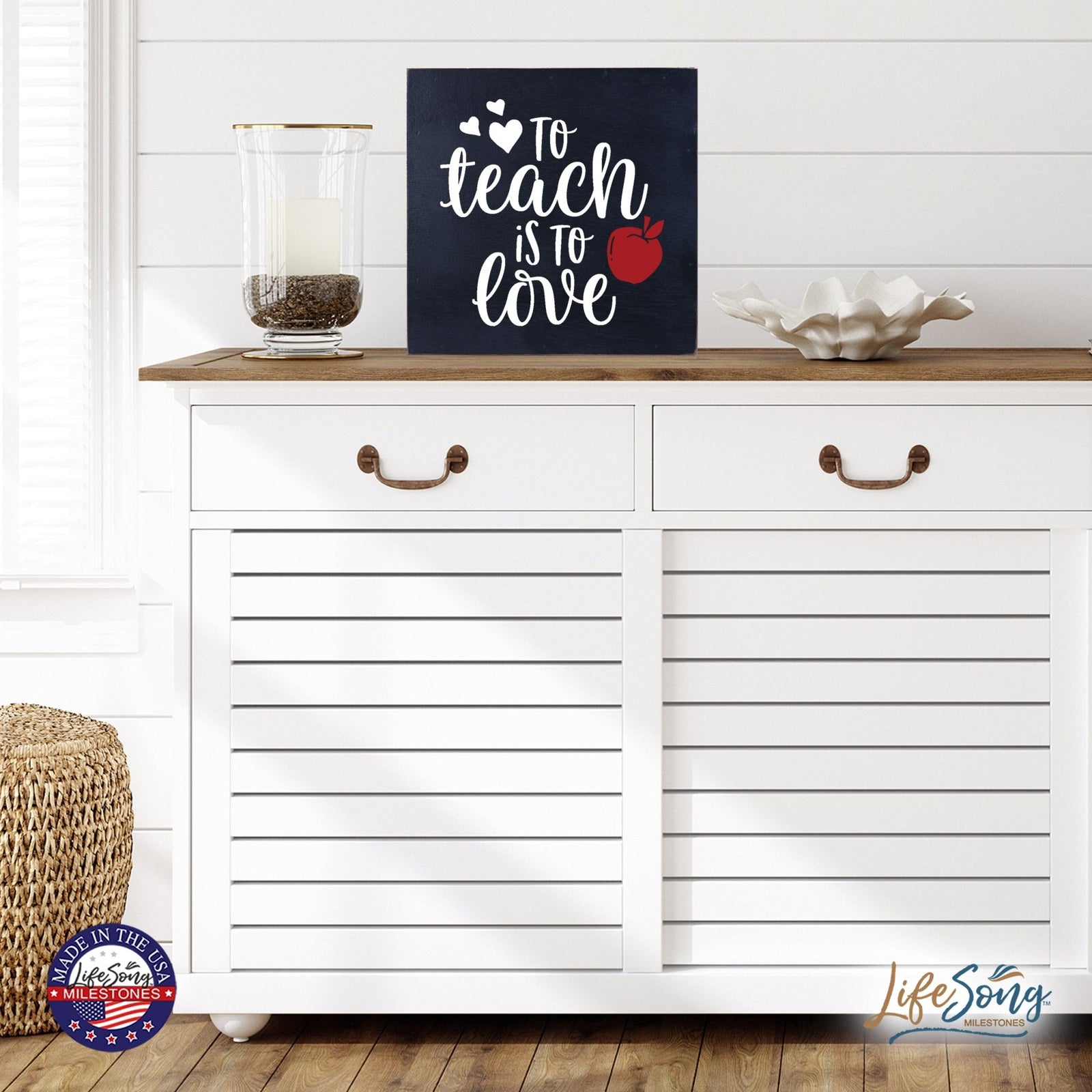 Inspiring Modern Framed Shadow Box 10x10 To Teach Is To (Red Apple) - LifeSong Milestones