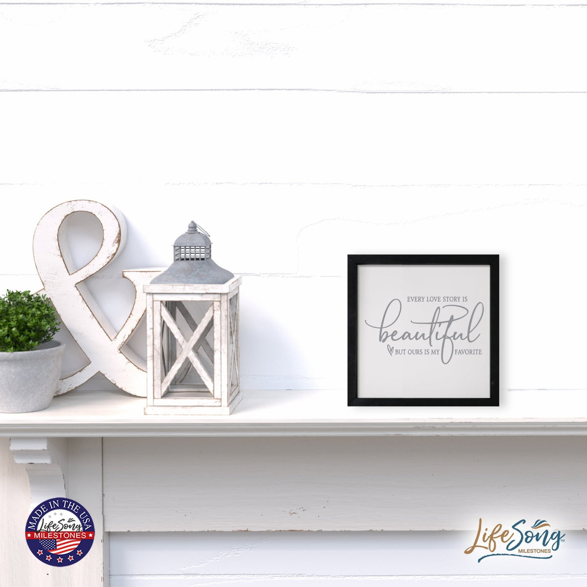 Inspiring Modern Framed Shadow Box 7x7in - Every Love Story Is Beautiful (Script) - LifeSong Milestones