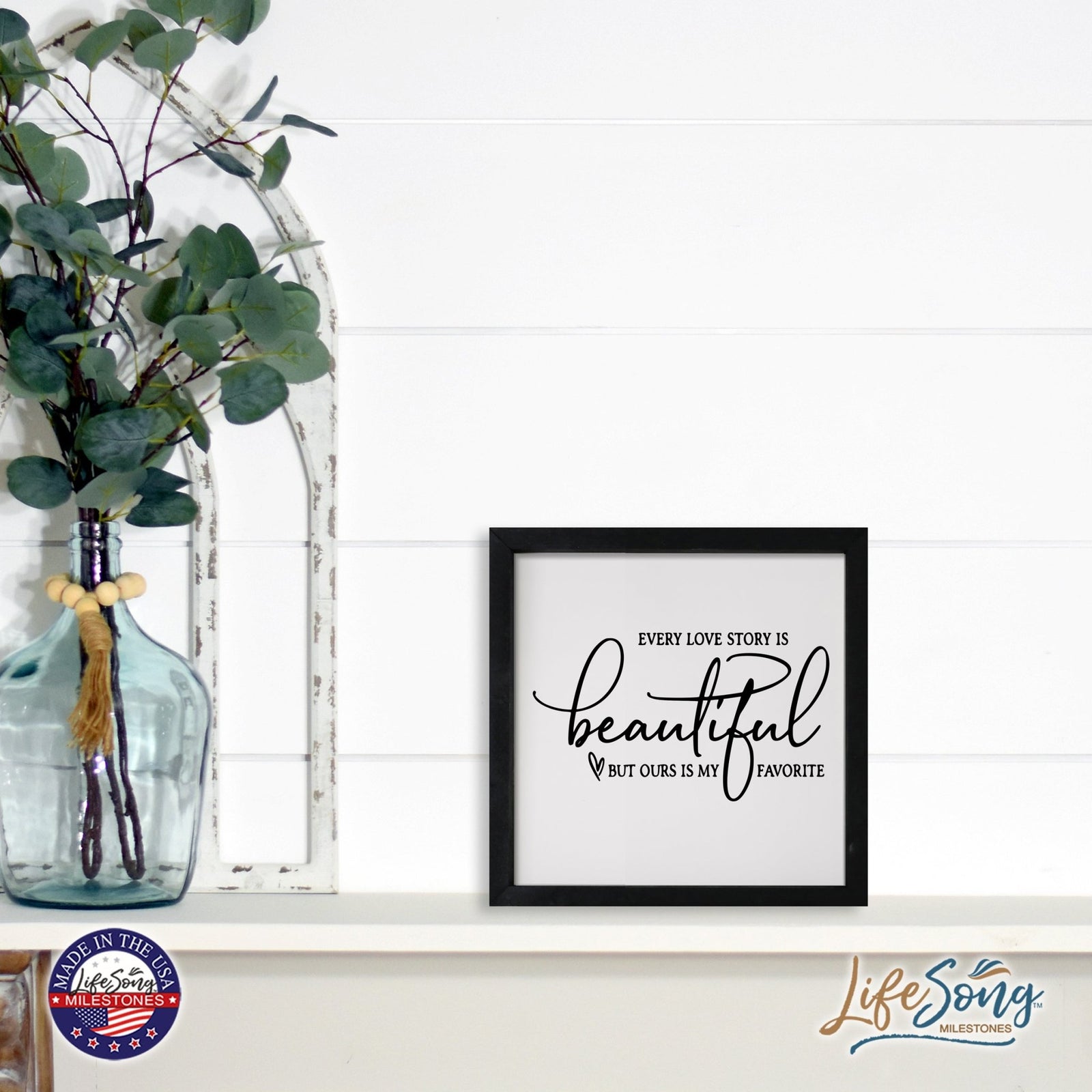 Inspiring Modern Framed Shadow Box 7x7in - Every Love Story Is Beautiful (Script) - LifeSong Milestones