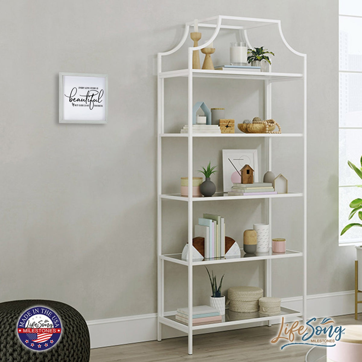 Inspiring Modern Framed Shadow Box 7x7in - Every Love Story Is Beautiful (Script) - LifeSong Milestones