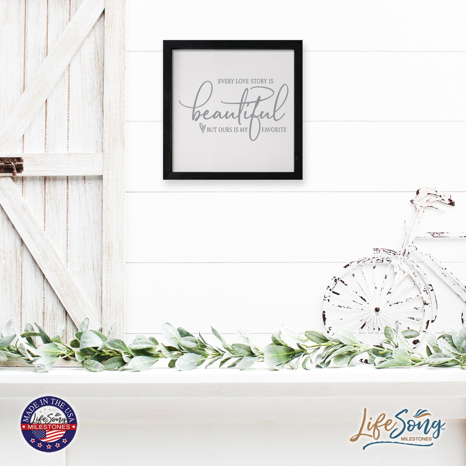 Inspiring Modern Framed Shadow Box 7x7in - Every Love Story Is Beautiful (Script) - LifeSong Milestones