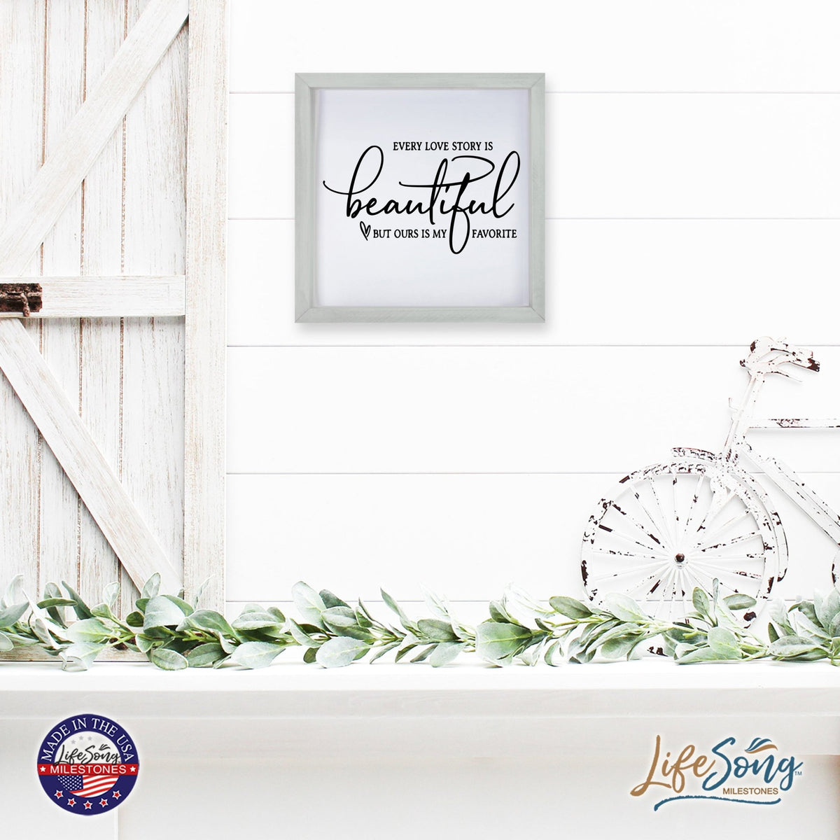 Inspiring Modern Framed Shadow Box 7x7in - Every Love Story Is Beautiful (Script) - LifeSong Milestones