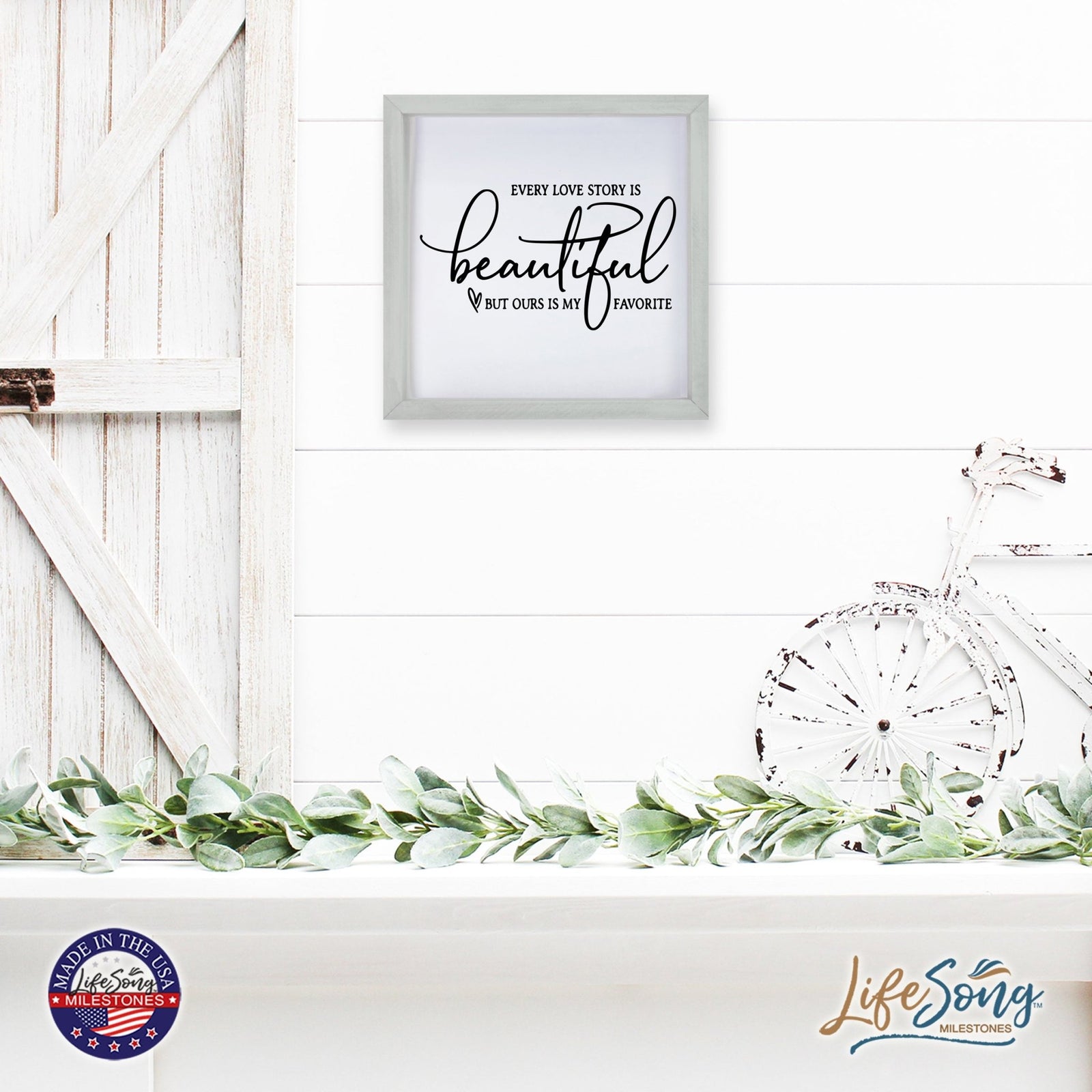 Inspiring Modern Framed Shadow Box 7x7in - Every Love Story Is Beautiful (Script) - LifeSong Milestones