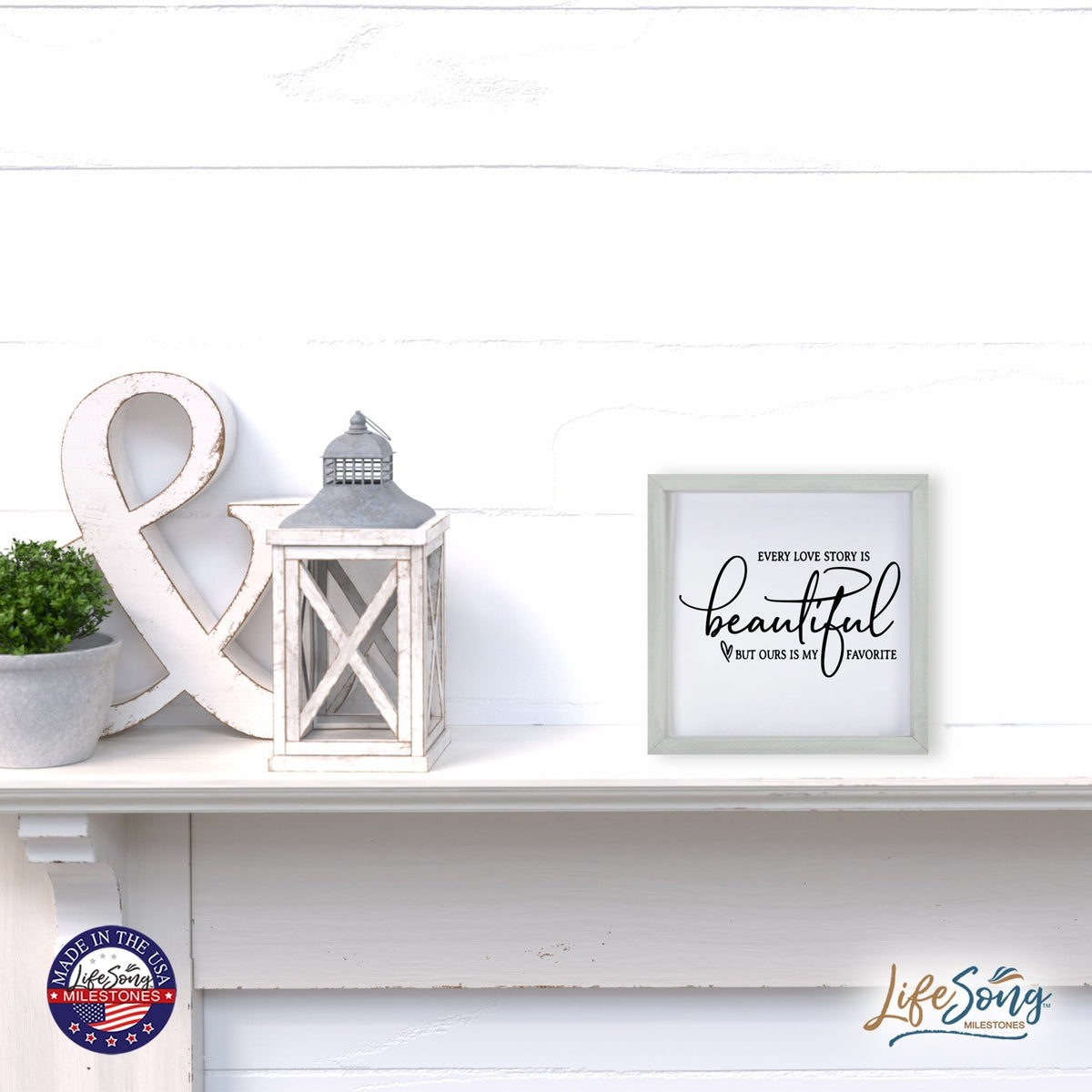 Inspiring Modern Framed Shadow Box 7x7in - Every Love Story Is Beautiful (Script) - LifeSong Milestones