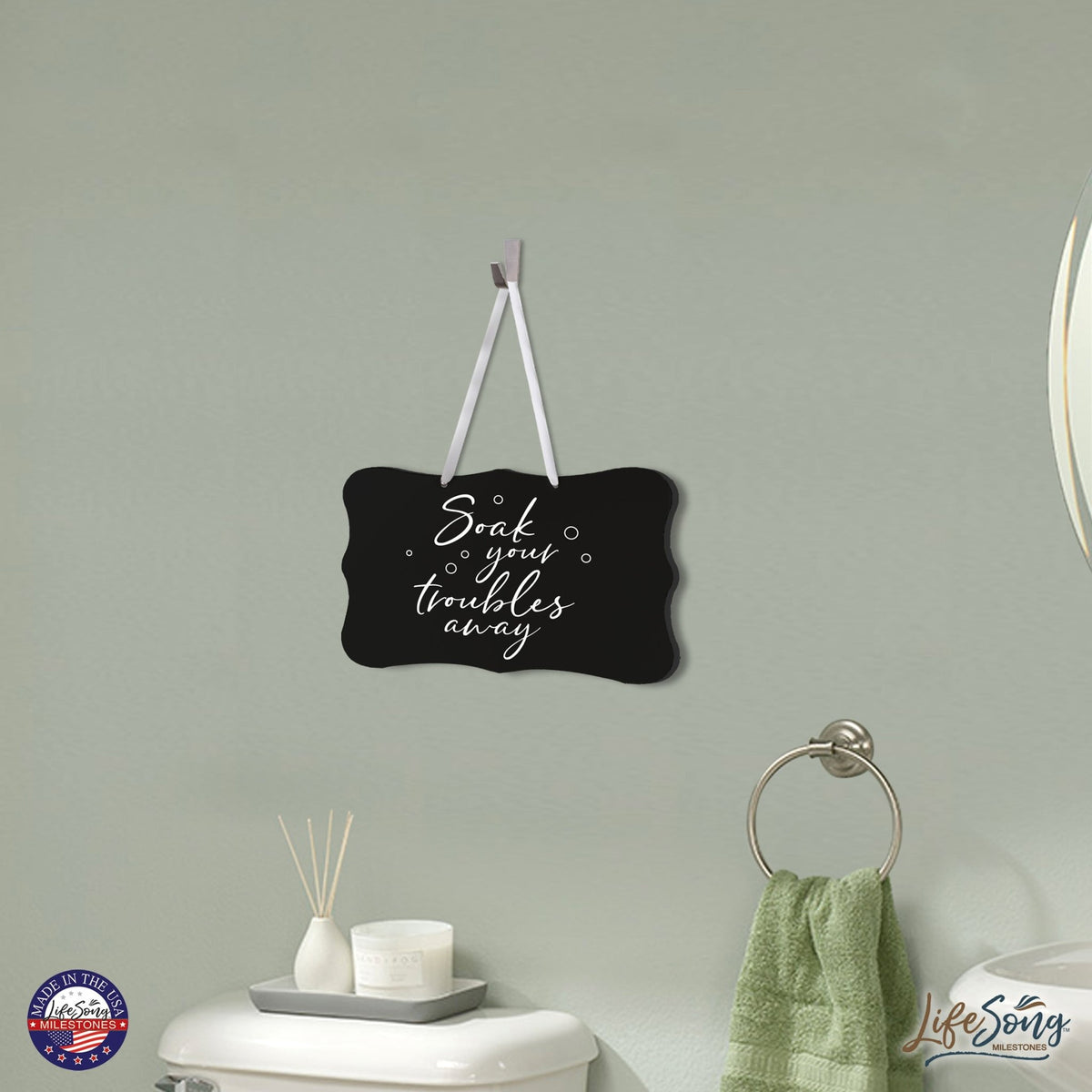 Inspiring Wooden Ribbon Sign Wall Decor 8” x 12” (Soak Your Troubles) - LifeSong Milestones