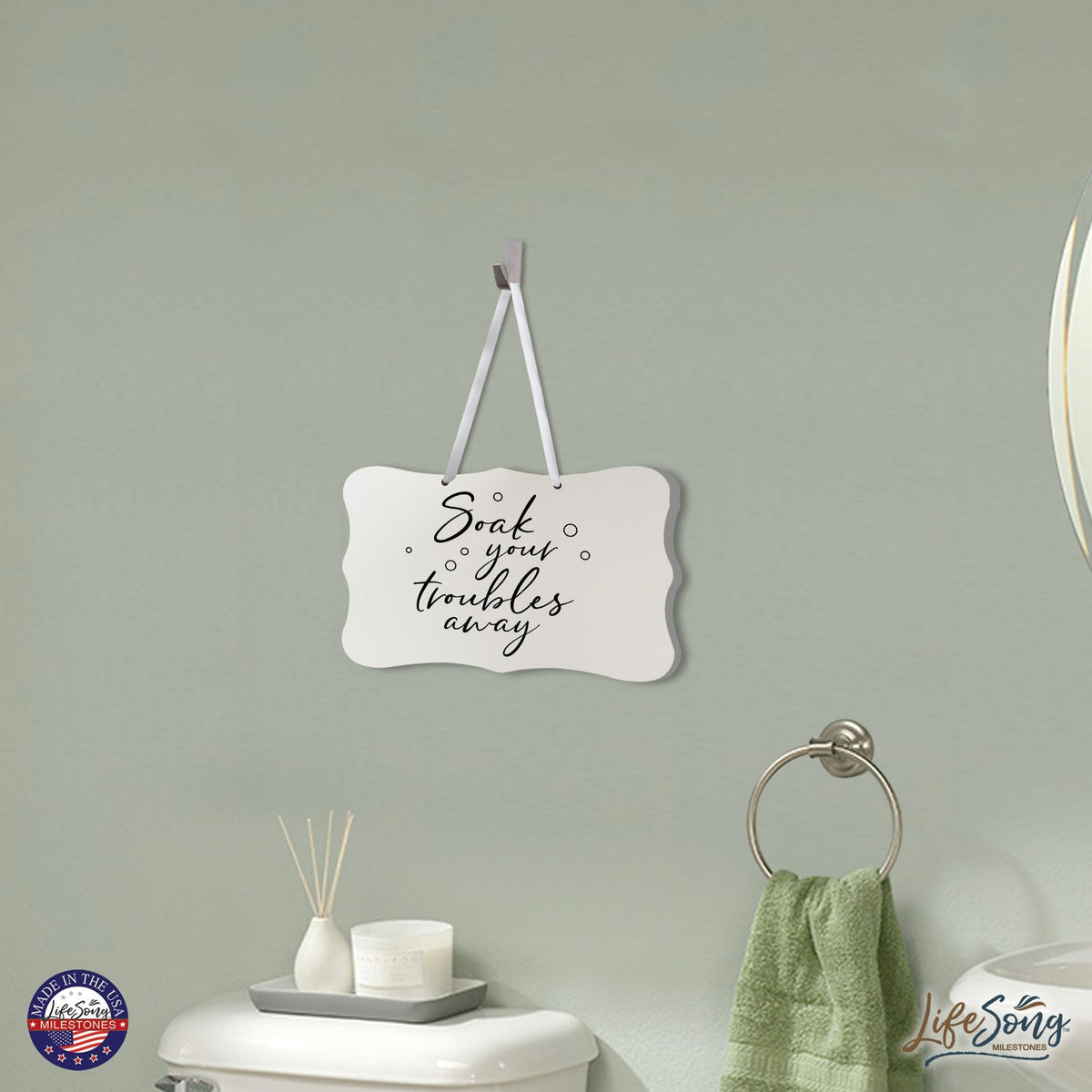 Inspiring Wooden Ribbon Sign Wall Decor 8” x 12” (Soak Your Troubles) - LifeSong Milestones