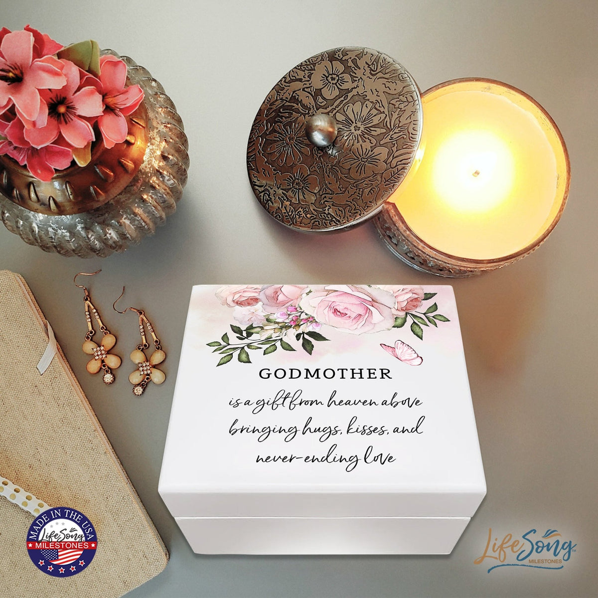Jewelry Keepsake Box for GodMother From Goddaughter 6x5.5in - Is A gift From Heaven - LifeSong Milestones
