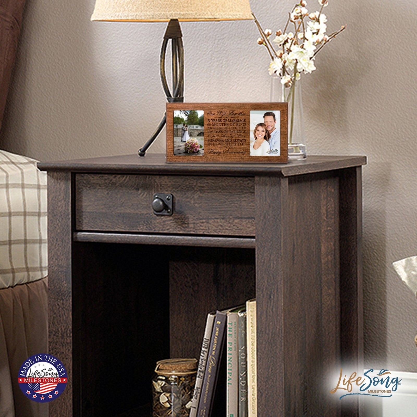 LifeSong Milestones 5th Wedding Anniversary Picture frame Gift with anniversary dates holds 2 4x6 photos - LifeSong Milestones