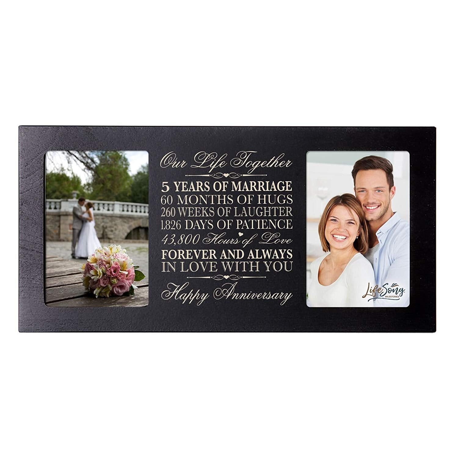 LifeSong Milestones 5th Wedding Anniversary Picture frame Gift with anniversary dates holds 2 4x6 photos - LifeSong Milestones