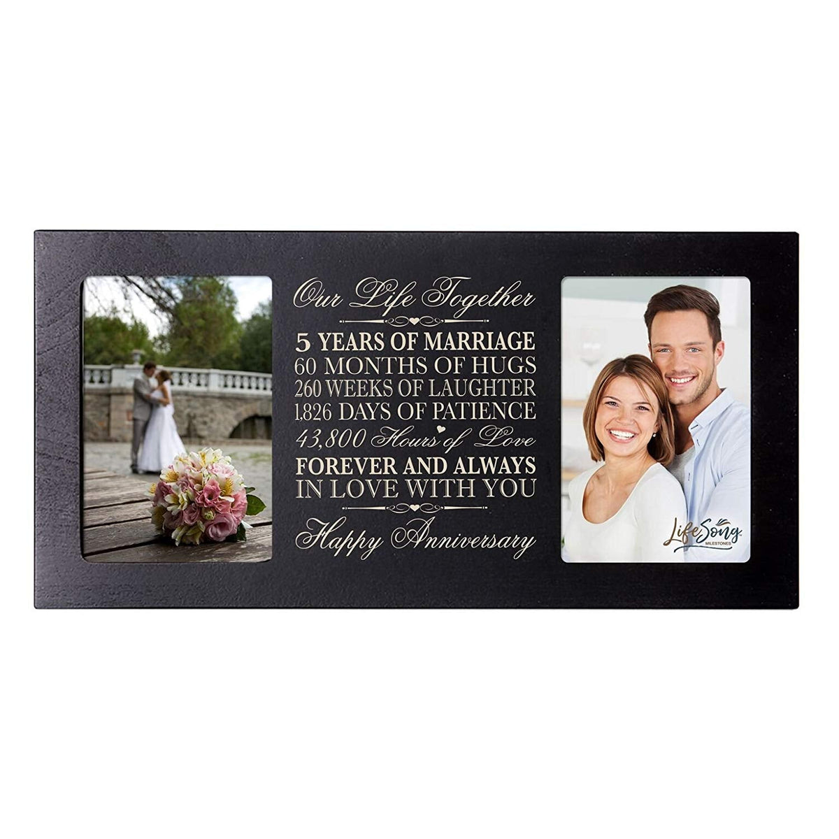 LifeSong Milestones 5th Wedding Anniversary Picture frame Gift with anniversary dates holds 2 4x6 photos - LifeSong Milestones