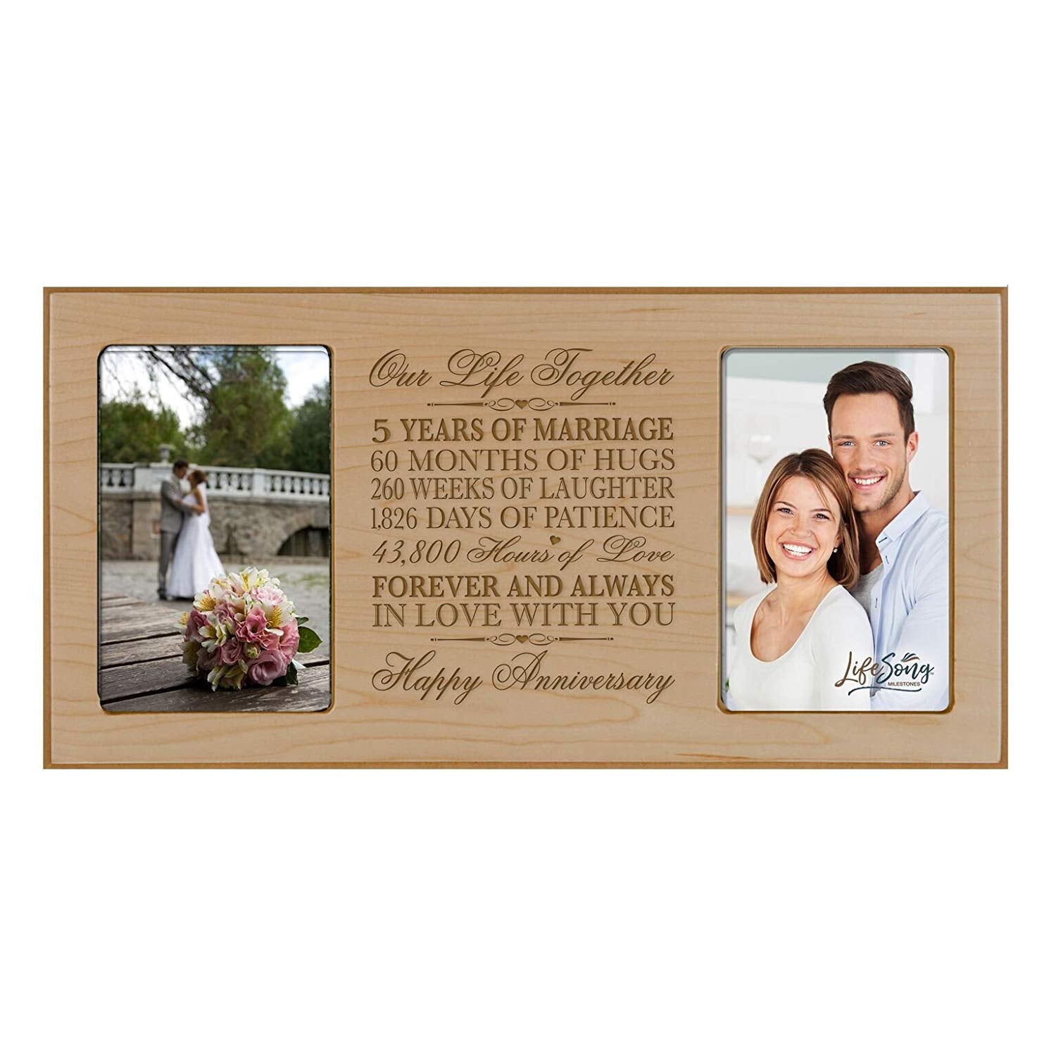 LifeSong Milestones 5th Wedding Anniversary Picture frame Gift with anniversary dates holds 2 4x6 photos - LifeSong Milestones
