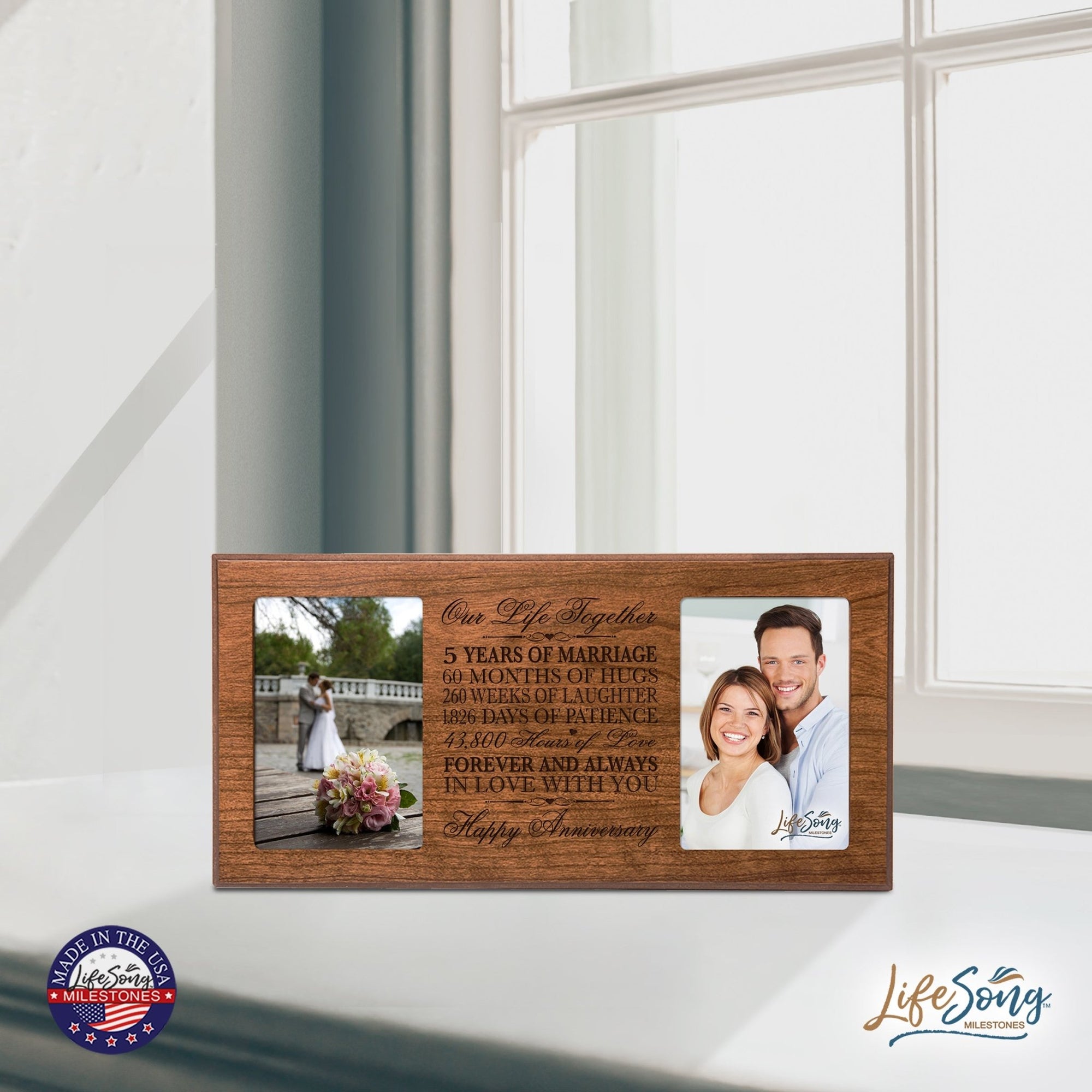LifeSong Milestones 5th Wedding Anniversary Picture frame Gift with anniversary dates holds 2 4x6 photos - LifeSong Milestones