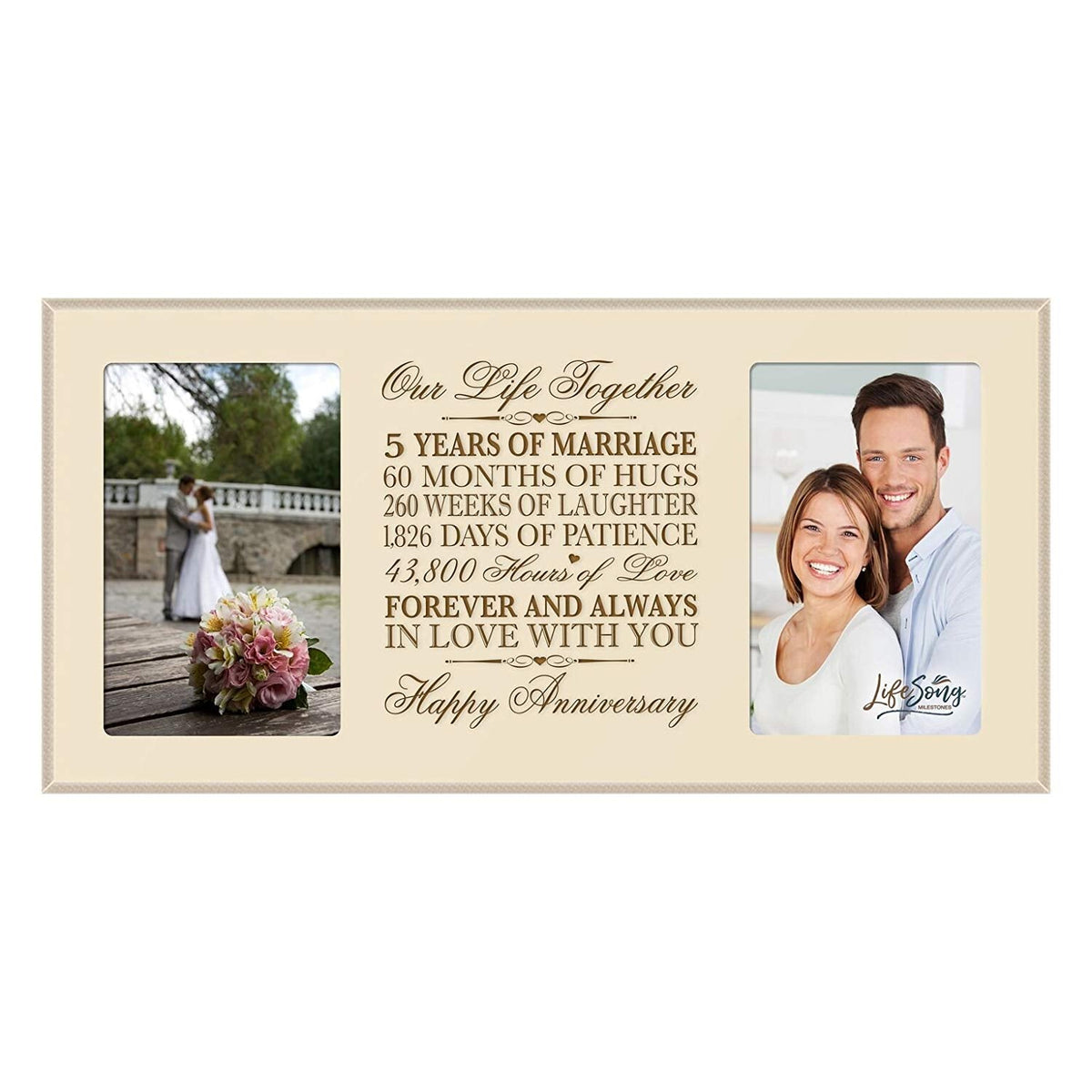 LifeSong Milestones 5th Wedding Anniversary Picture frame Gift with anniversary dates holds 2 4x6 photos - LifeSong Milestones