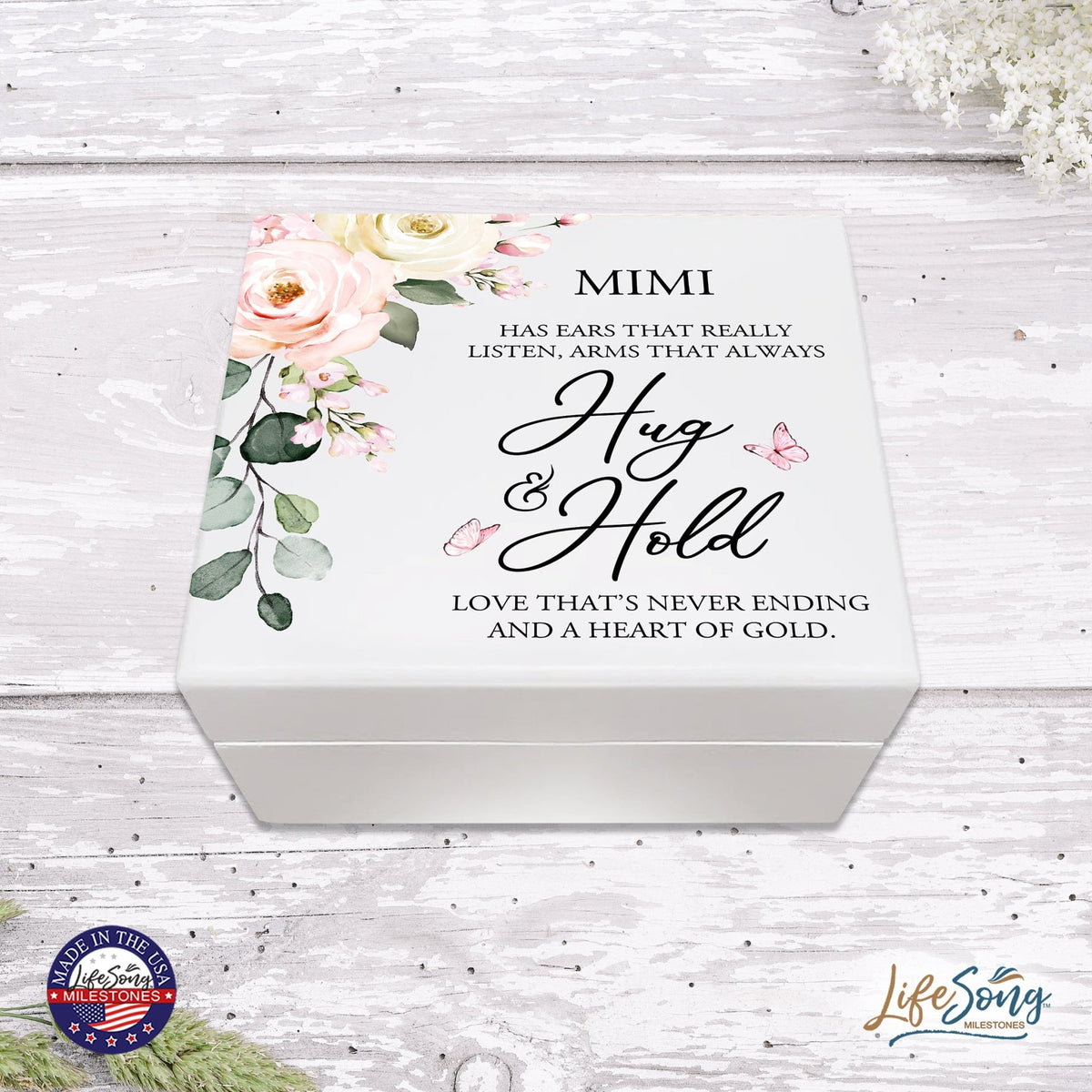 LifeSongs Personalized White Jewelry Keepsake Box for Mimi - Hug and Hold - LifeSong Milestones