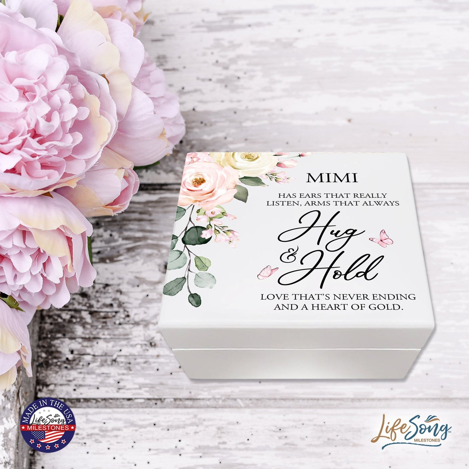 LifeSongs Personalized White Jewelry Keepsake Box for Mimi - Hug and Hold - LifeSong Milestones