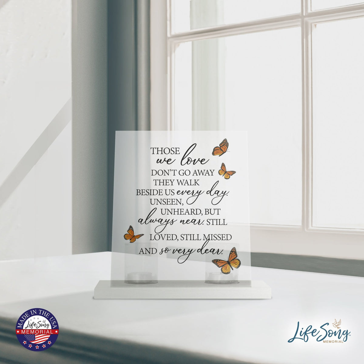 Memorial 8x10 Acrylic Wall Sign with Wooden Base Votive Candle Holder - Those We Love (butterflies) - LifeSong Milestones
