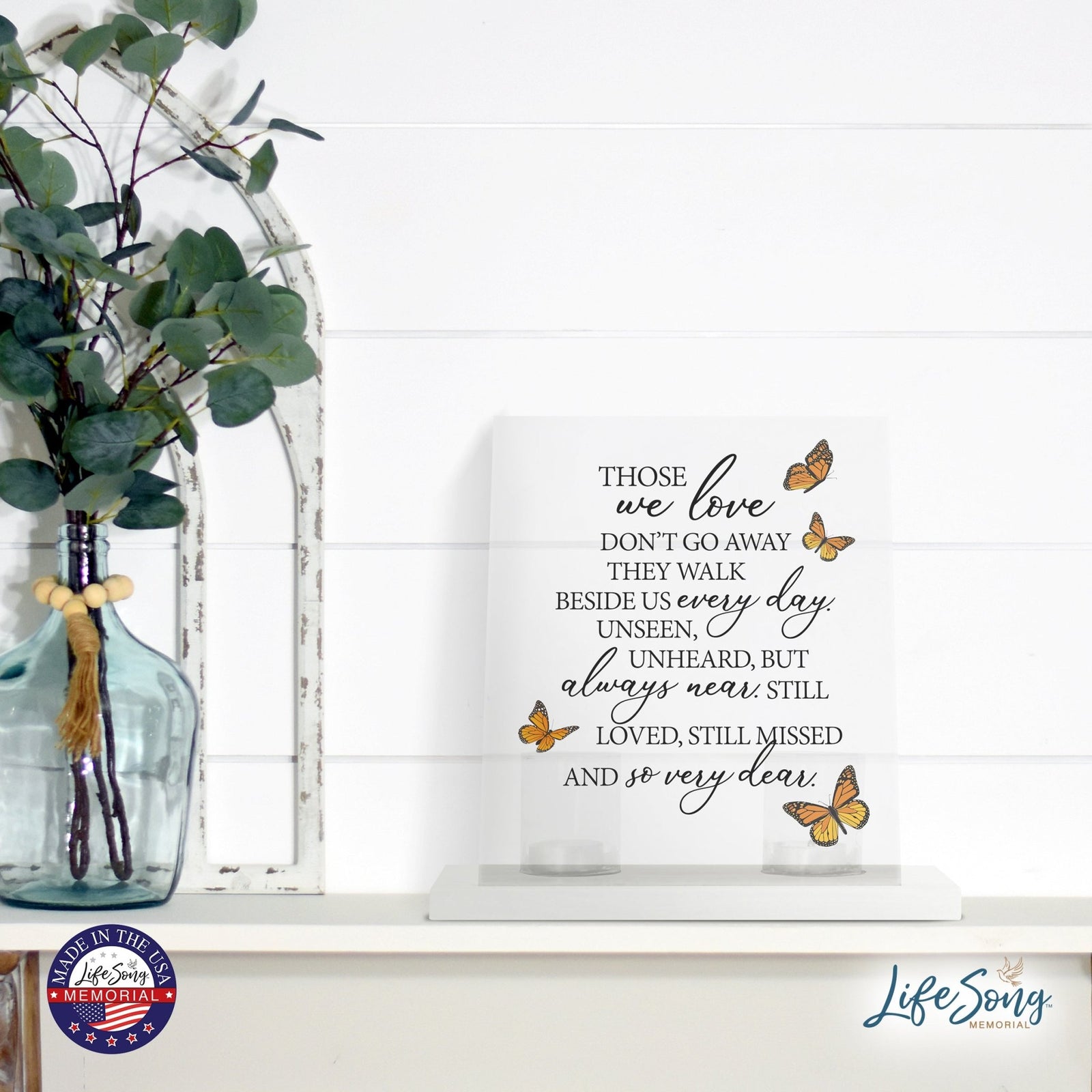 Memorial 8x10 Acrylic Wall Sign with Wooden Base Votive Candle Holder - Those We Love (butterflies) - LifeSong Milestones