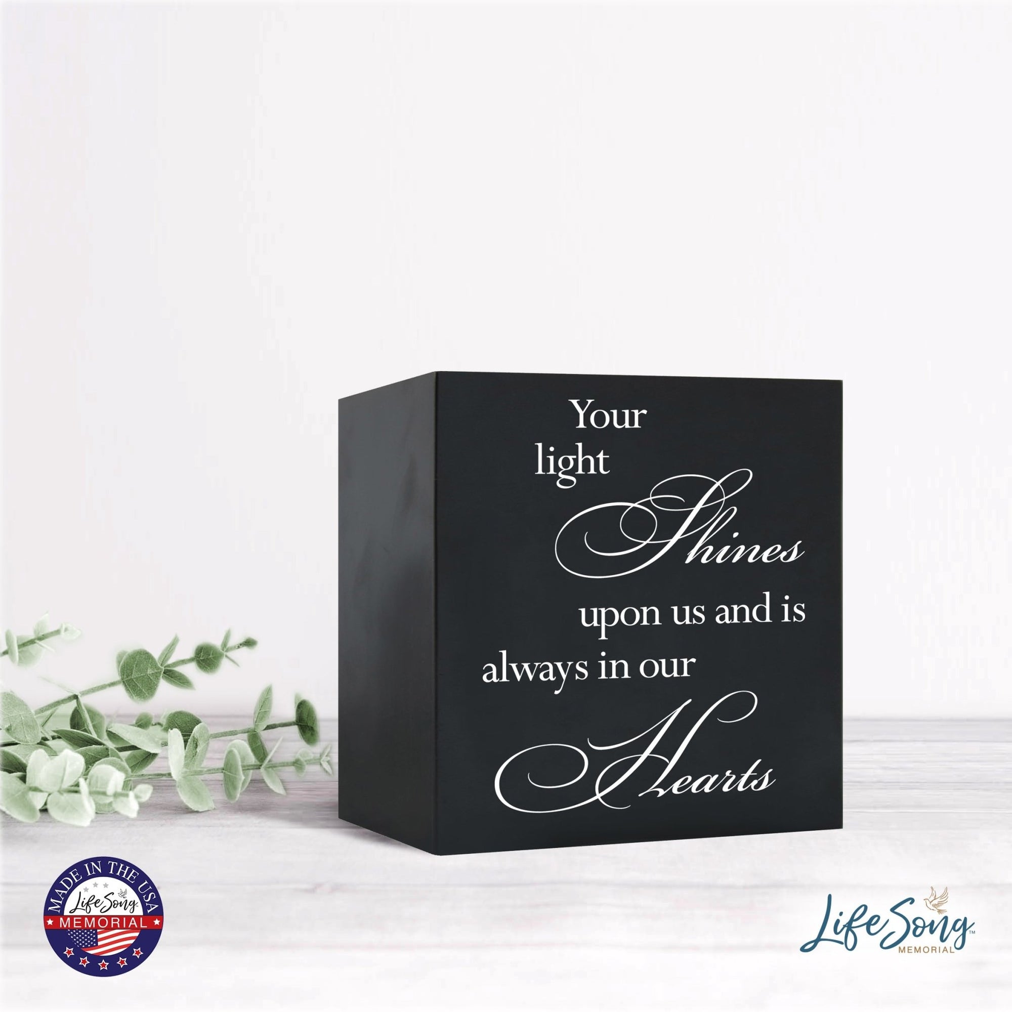 Memorial Bereavement Keepsake Cremation Shadow Box and Urn 6x6in Holds 53 Cu Inches Of Human Ashes Your Light Shines - LifeSong Milestones