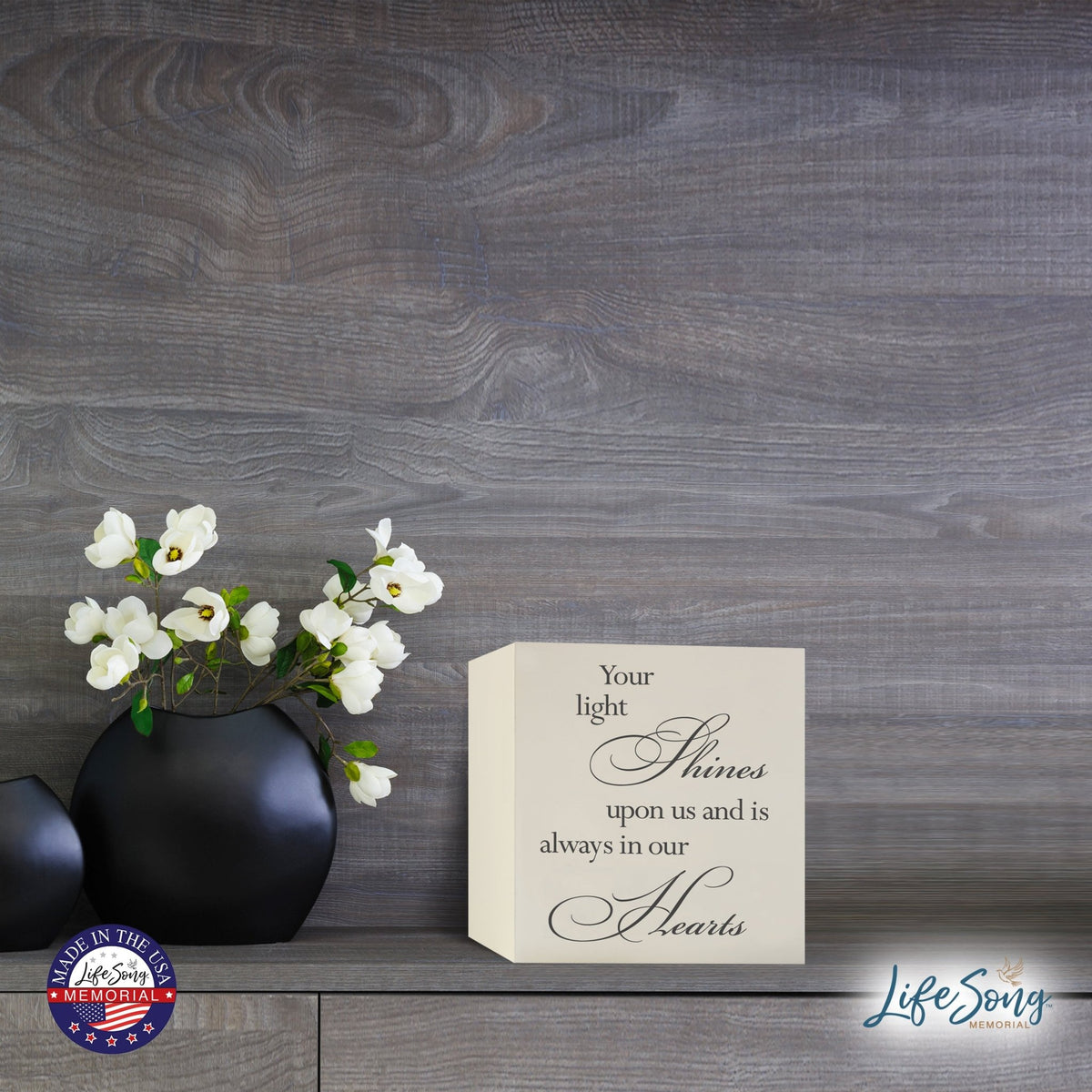 Memorial Bereavement Keepsake Cremation Shadow Box and Urn 6x6in Holds 53 Cu Inches Of Human Ashes Your Light Shines - LifeSong Milestones