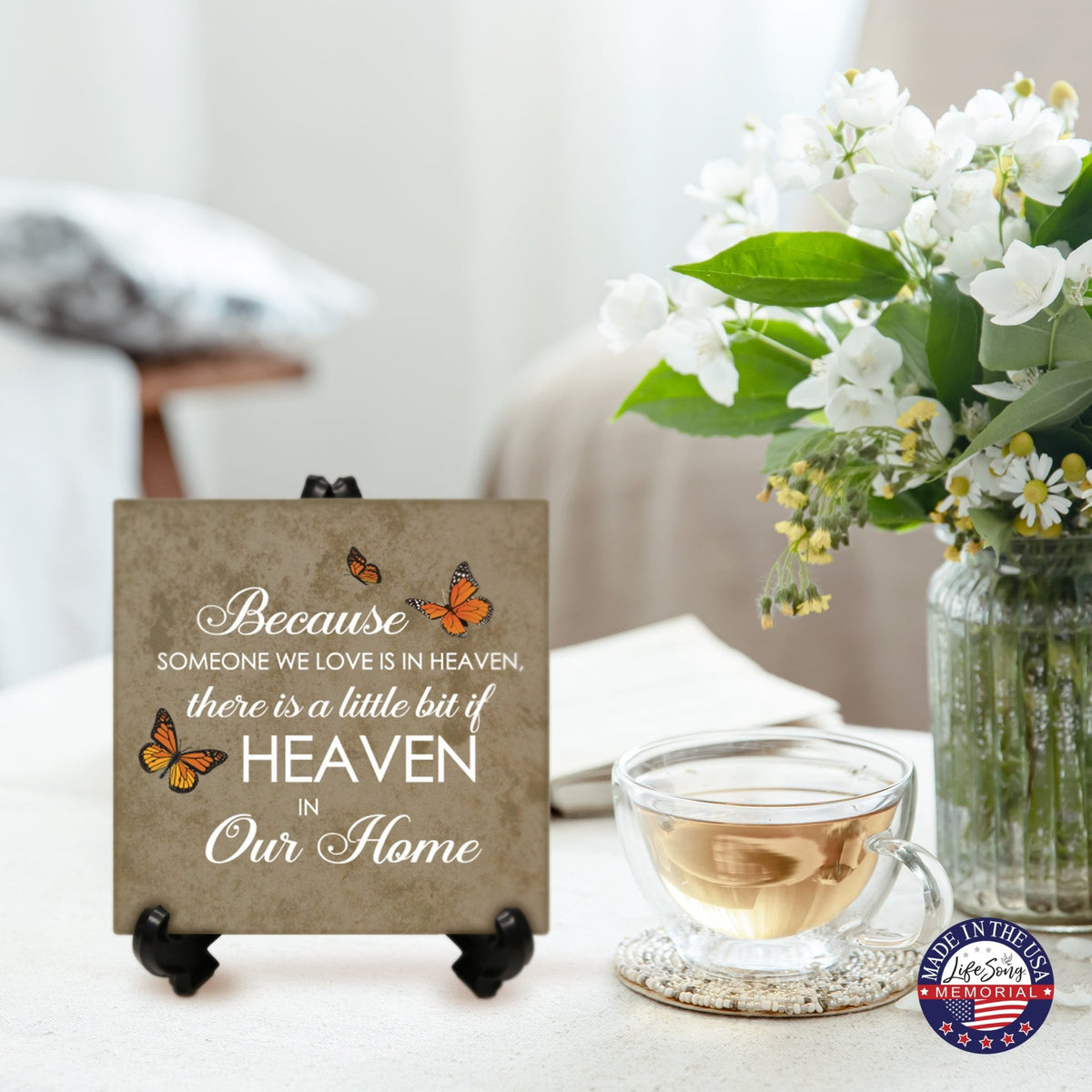Memorial Ceramic Trivet with Stand for Home Decor - Because Someone We Love - LifeSong Milestones