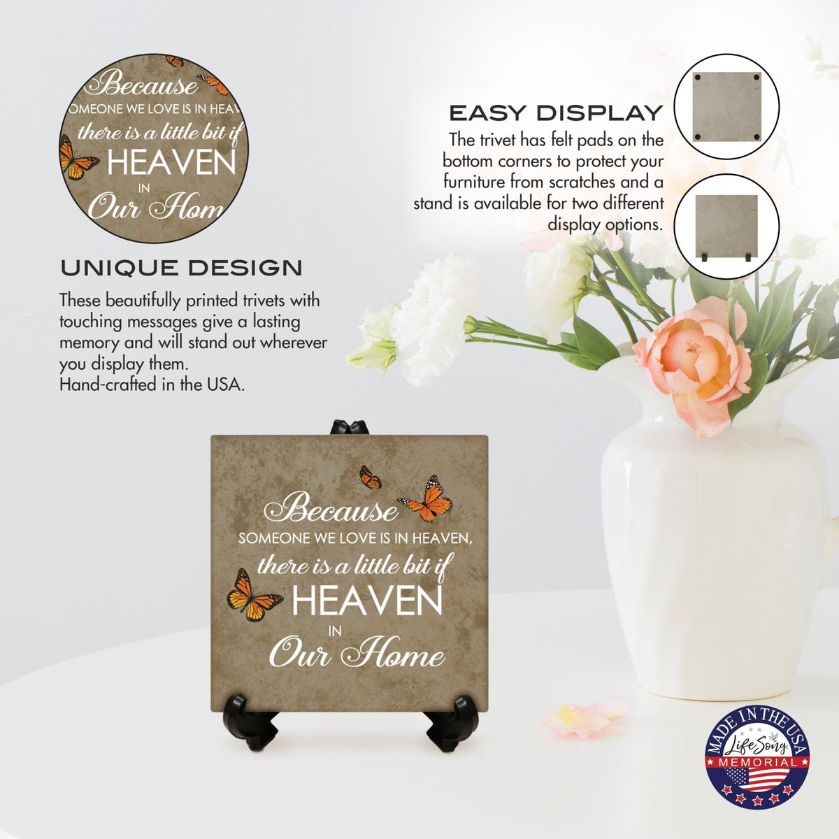 Memorial Ceramic Trivet with Stand for Home Decor - Because Someone We Love - LifeSong Milestones
