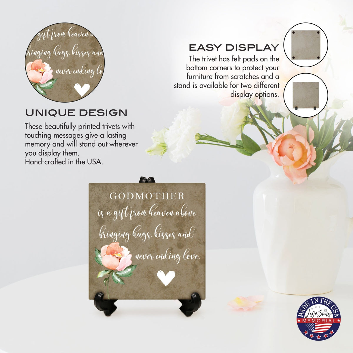 Memorial Ceramic Trivet with Stand for Home Decor - Godmothers - LifeSong Milestones