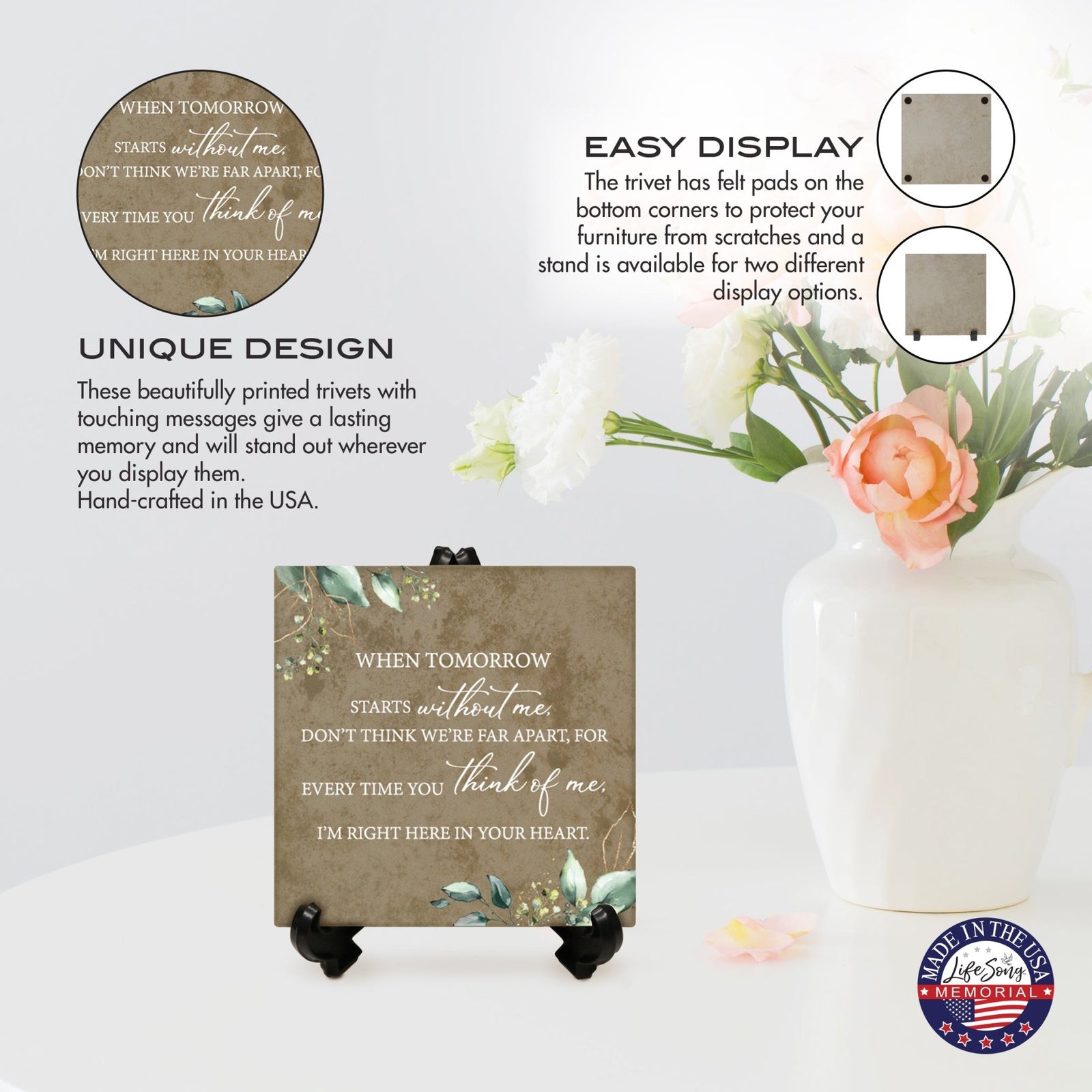 Memorial Ceramic Trivet with Stand for Home Decor - When Tomorrow Starts - LifeSong Milestones