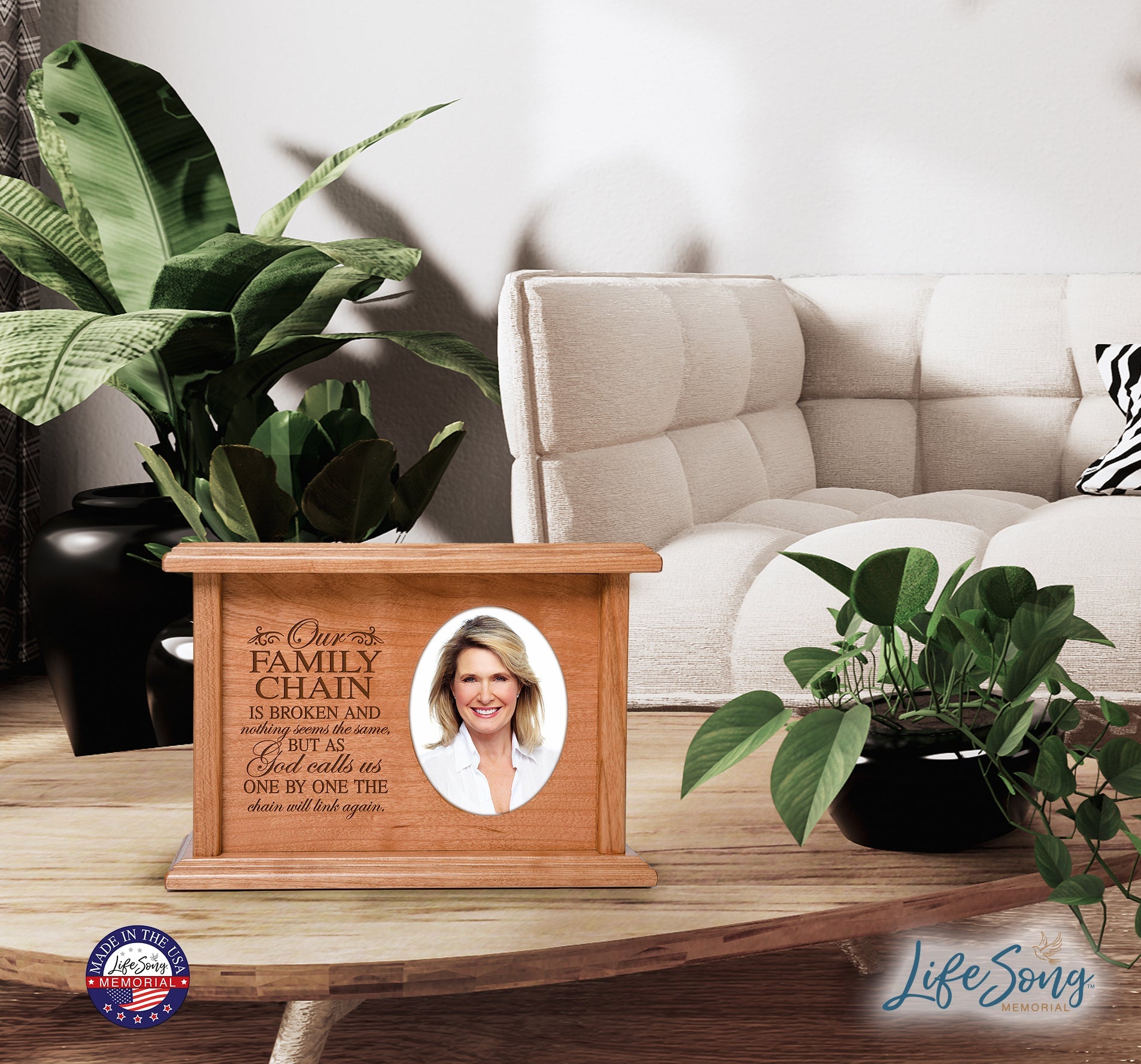 Memorial Cremation Urn Holds 2x3 photo 65 cu in Our Family Chain - LifeSong Milestones
