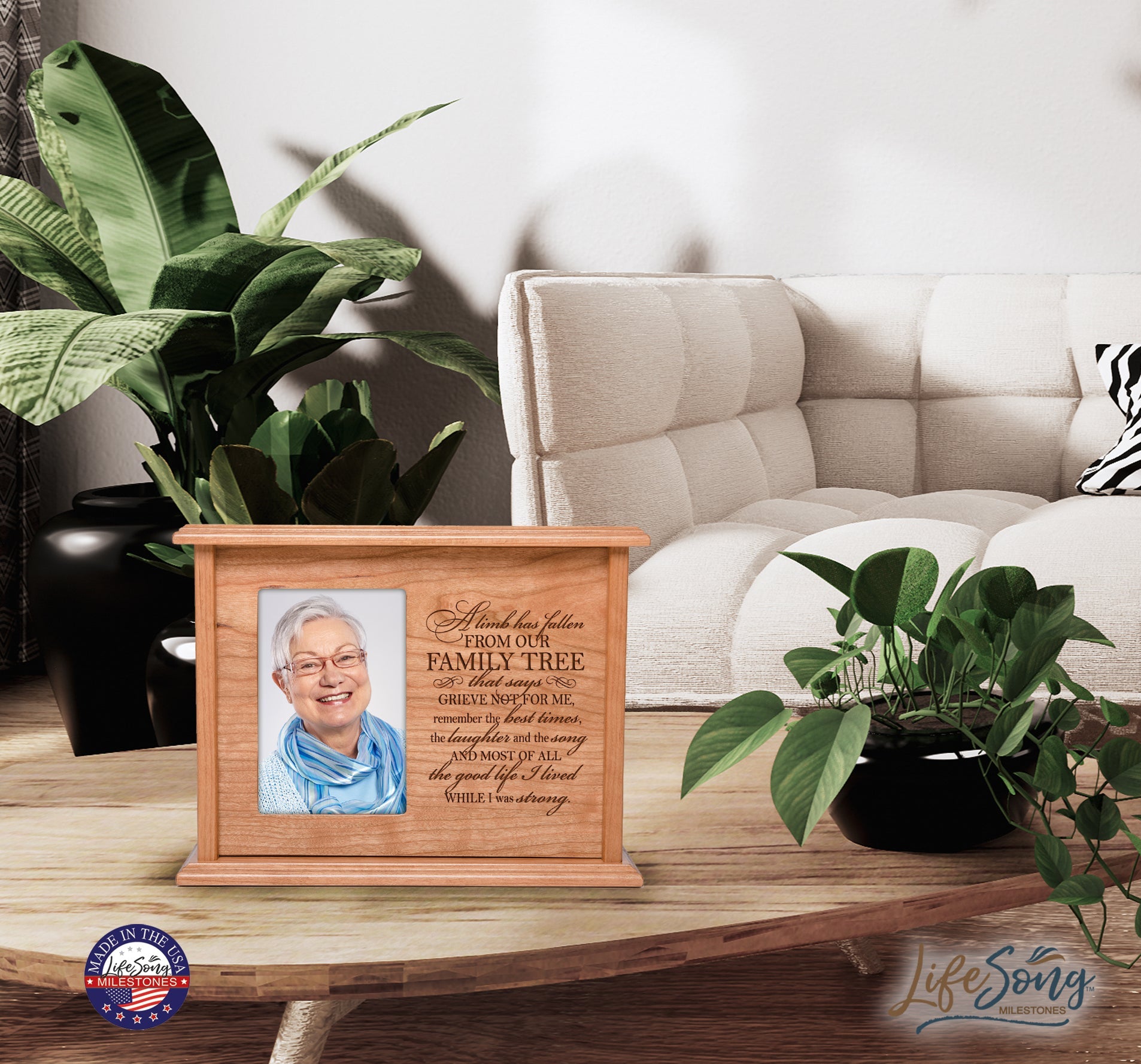 Memorial Cremation Wooden Urn Box with 4x6 Photo holds 200 cu in A Limb Has Fallen - LifeSong Milestones