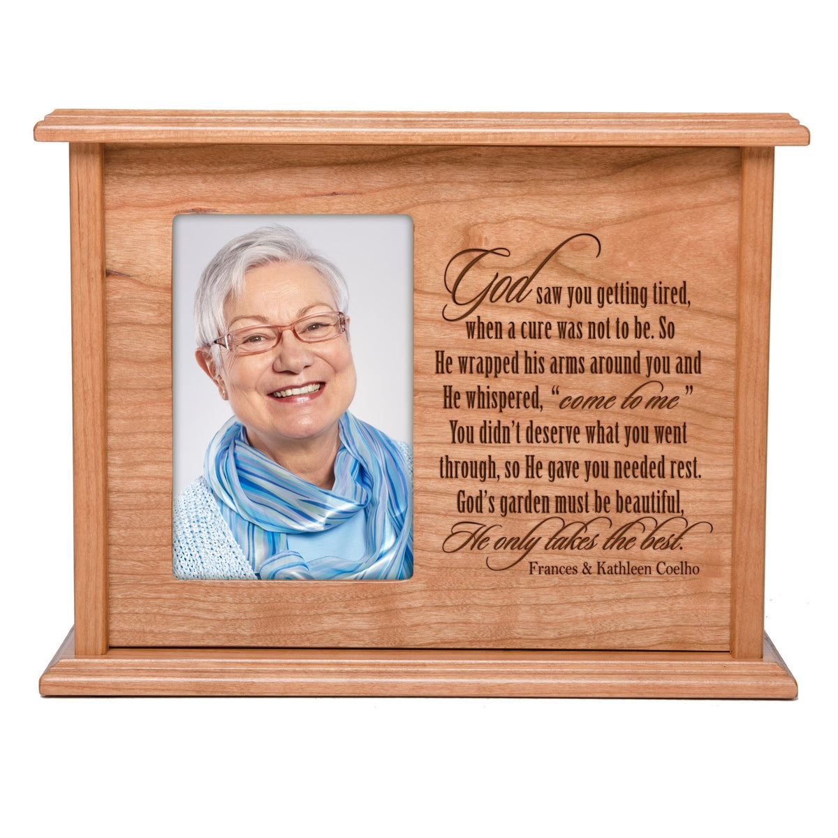 Memorial Cremation Wooden Urn Box with 4x6 Photo holds 200 cu in God Saw You - LifeSong Milestones