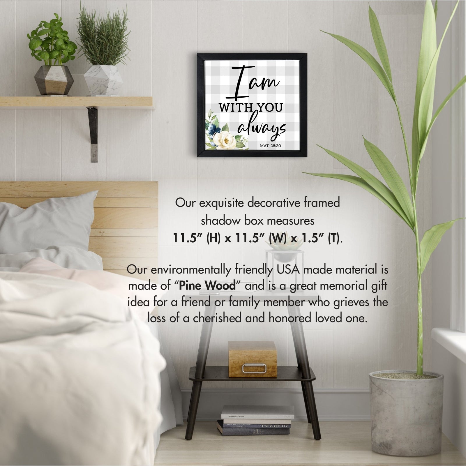 A framed shadow box with a heartfelt memorial tribute inside
