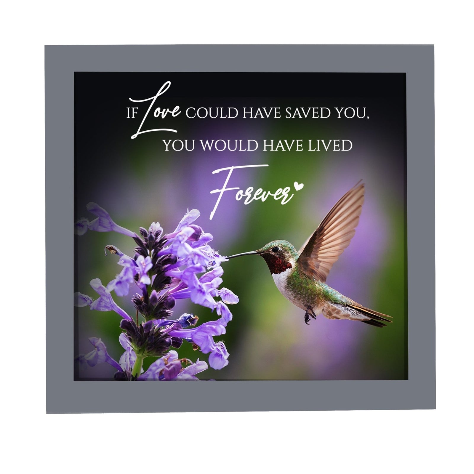 A framed shadow box with a heartfelt memorial tribute inside