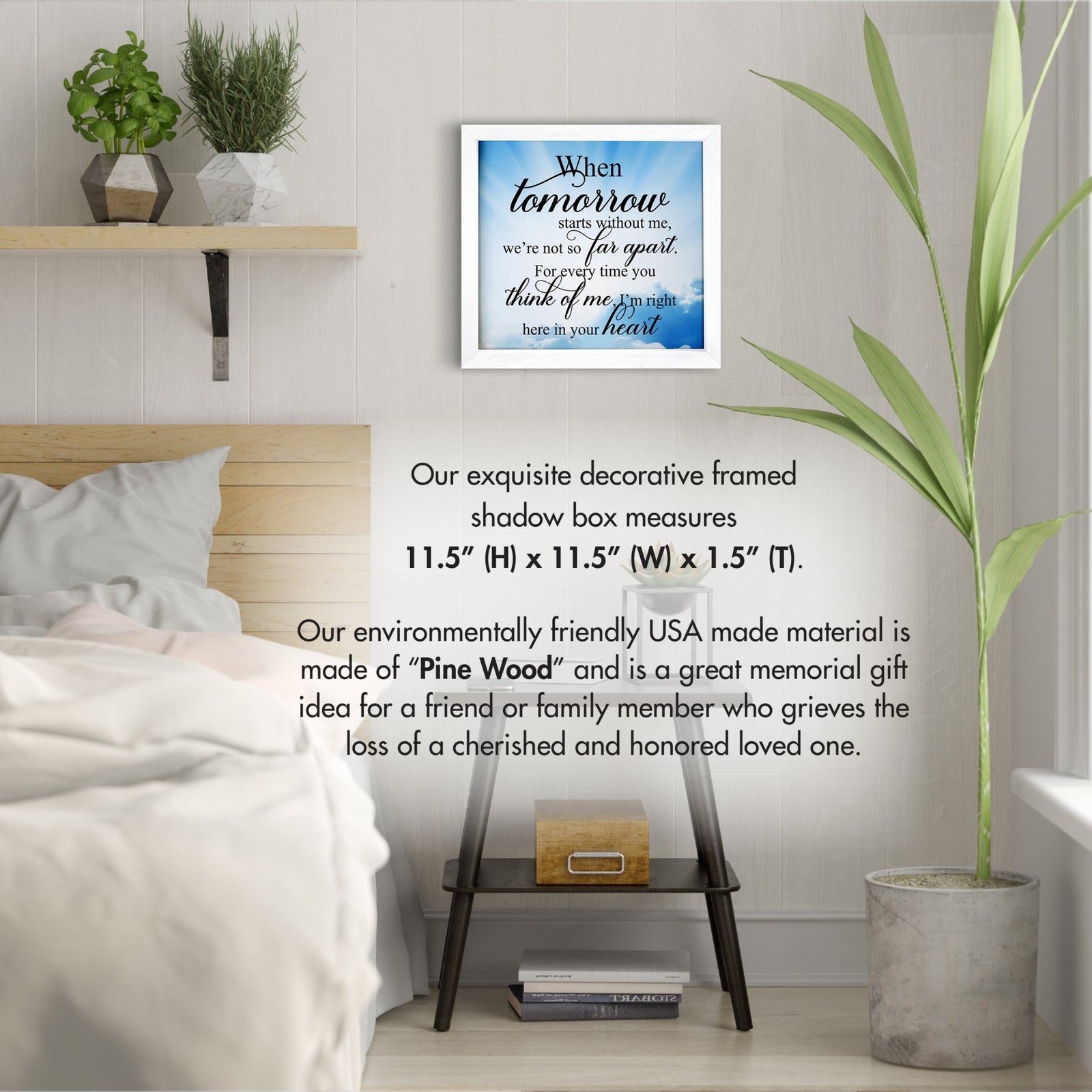 A framed shadow box with a heartfelt memorial tribute inside