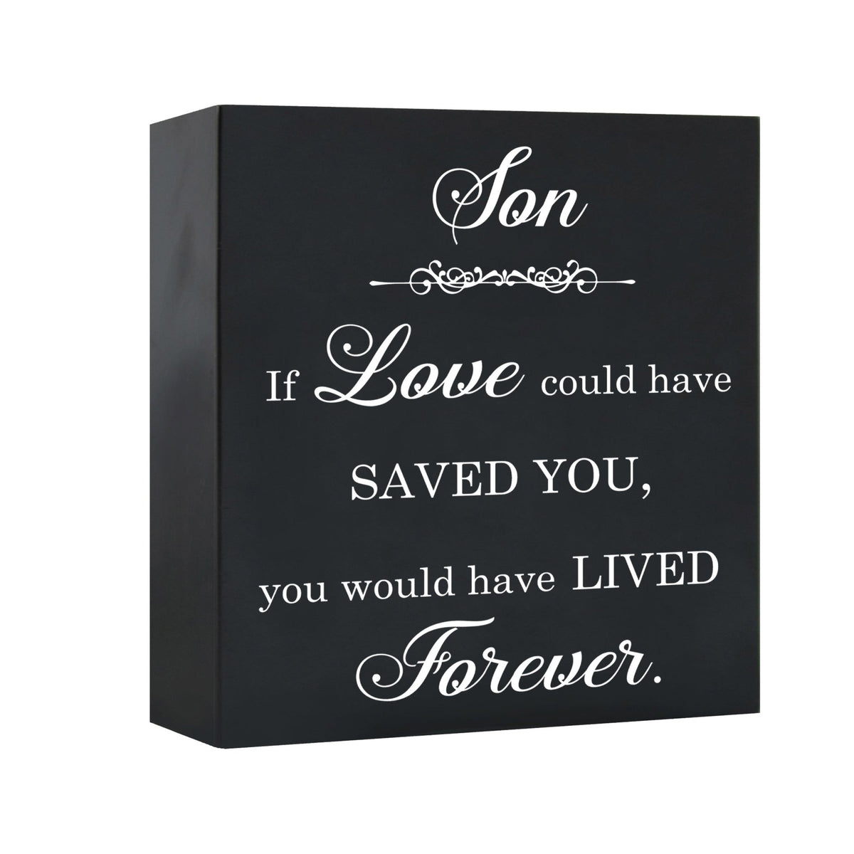 A close-up view of the LifeSong Milestones Memorial Shadow Box Urn for human ashes showcases its sleek black design and meaningful engraving. This urn embodies a heartfelt way to honor and cherish the memory of a loved one.