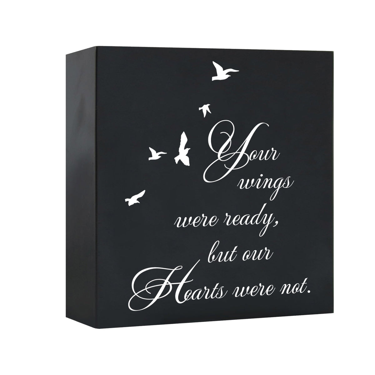 A close-up view of the LifeSong Milestones Memorial Shadow Box Urn for human ashes showcases its sleek black design and meaningful engraving. This urn embodies a heartfelt way to honor and cherish the memory of a loved one.
