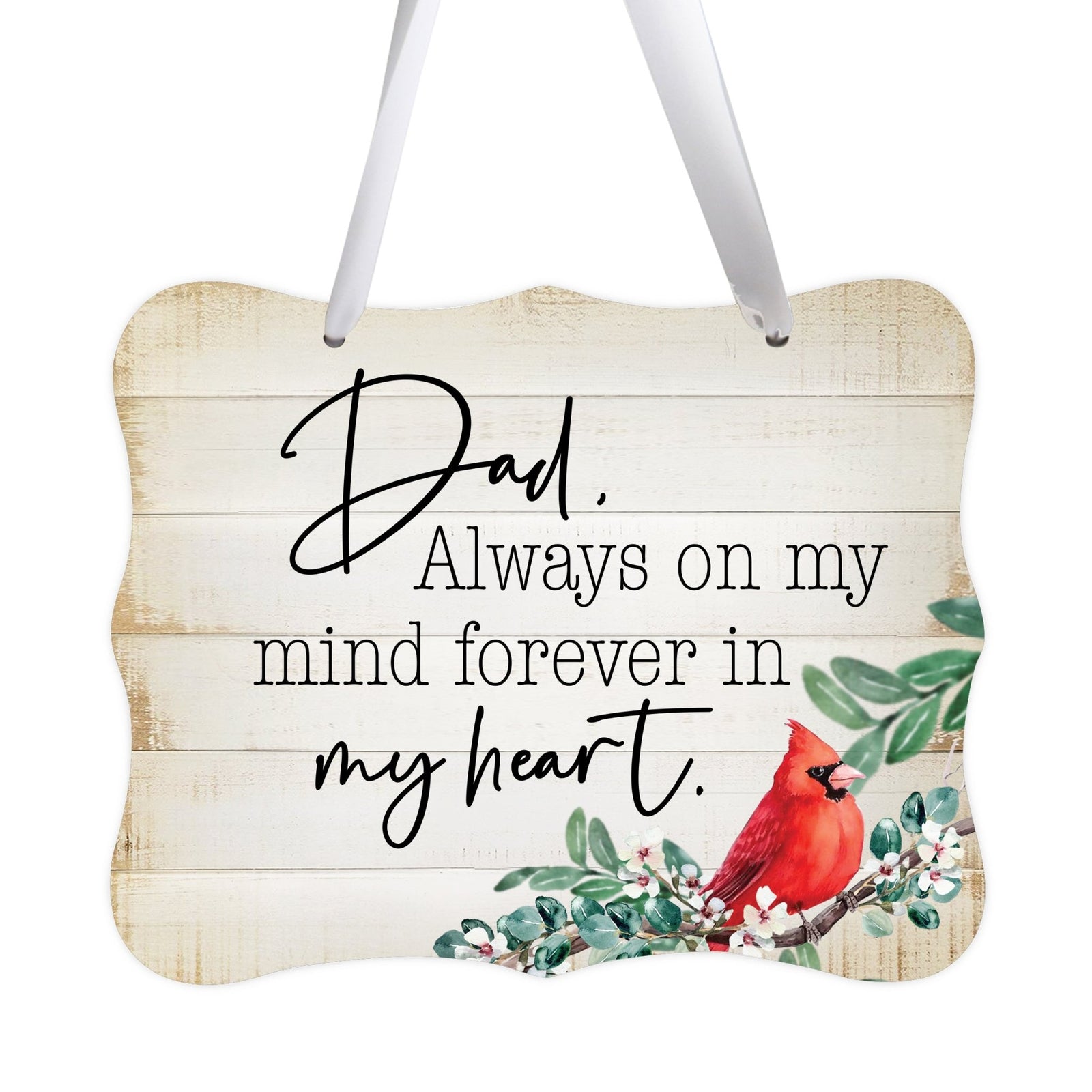 A memorial wall hanging sign adorned with a cardinal ribbon, a symbol of remembrance.