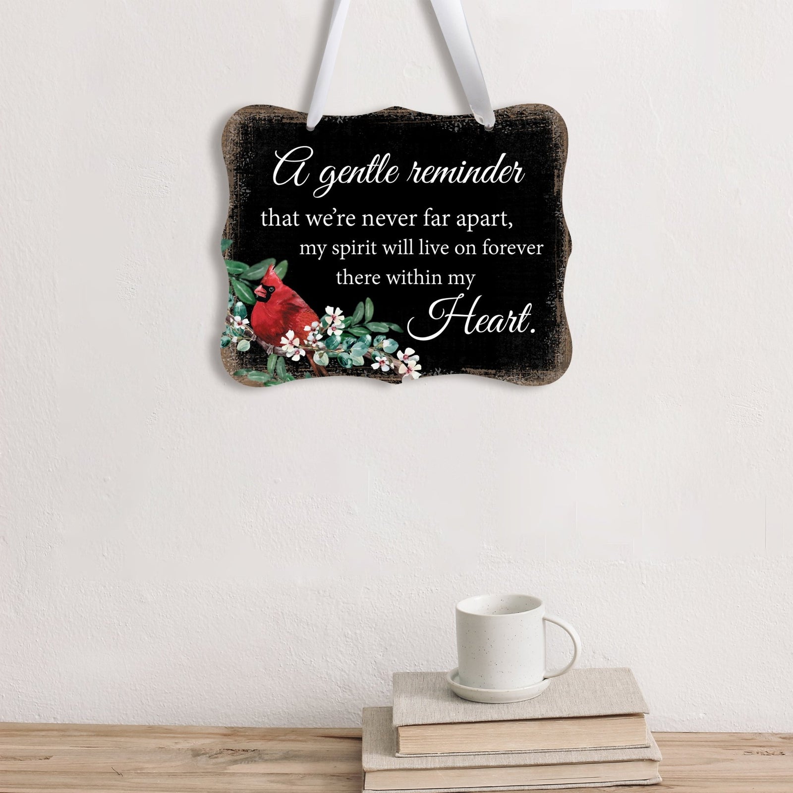 A memorial wall hanging sign adorned with a cardinal ribbon, a symbol of remembrance.