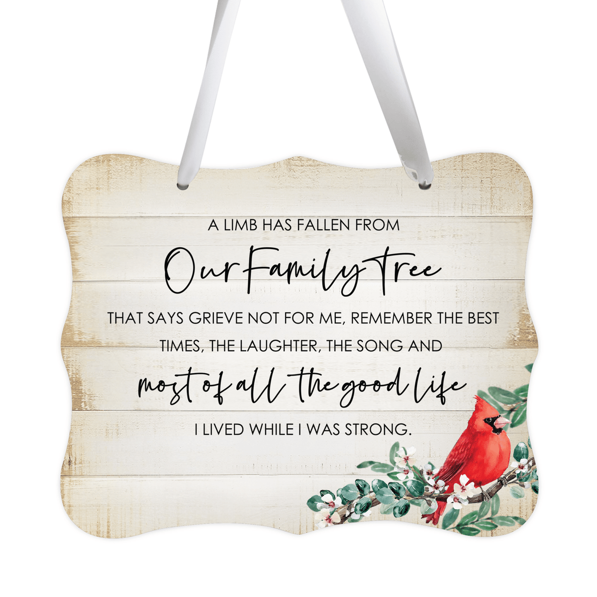 A memorial wall hanging sign adorned with a cardinal ribbon, a symbol of remembrance.