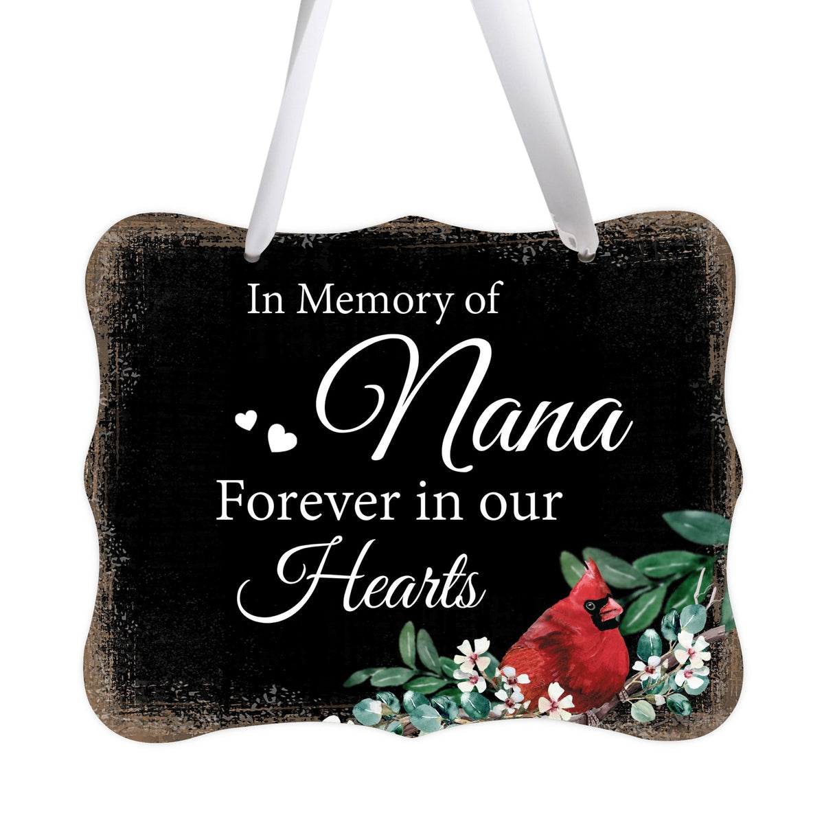 A memorial wall hanging sign adorned with a cardinal ribbon, a symbol of remembrance.