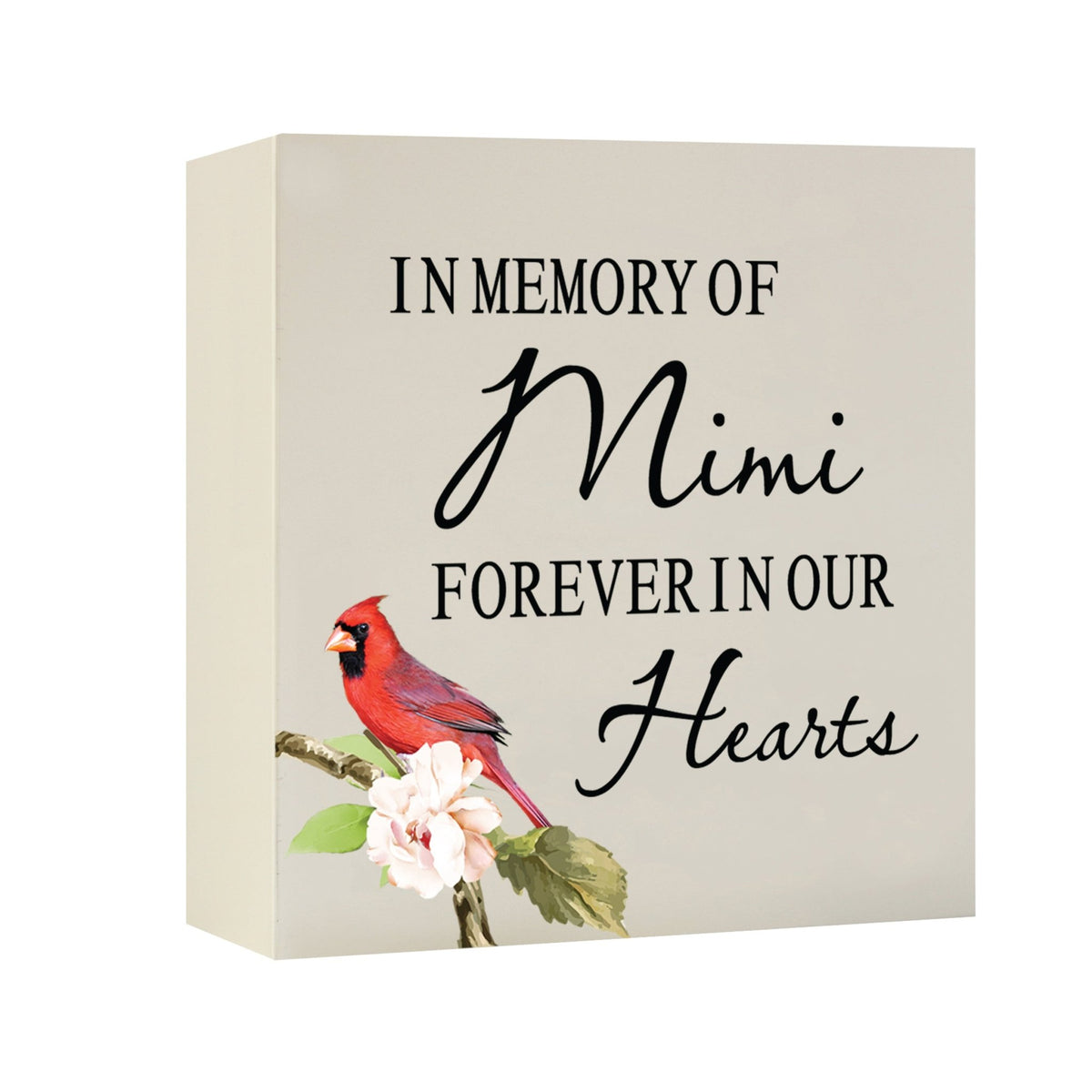 Close-up of a beautiful wooden shadow box urn for human ashes, accented with a red cardinal and white flowers. This adult memorial urn is both a heartfelt tribute and a decorative piece.