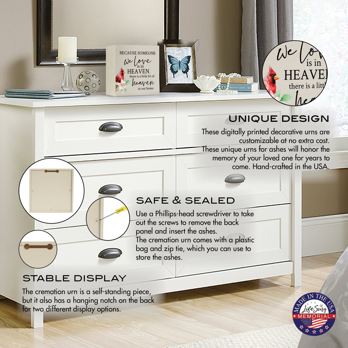 Wooden shadow box urn for human ashes. The urn, adorned with a red cardinal and floral accents, is displayed atop a white dresser in a serene bedroom setting, with informational callouts highlighting its stable design, secure closure, and hanging display option. Perfect for adult memorial tributes.