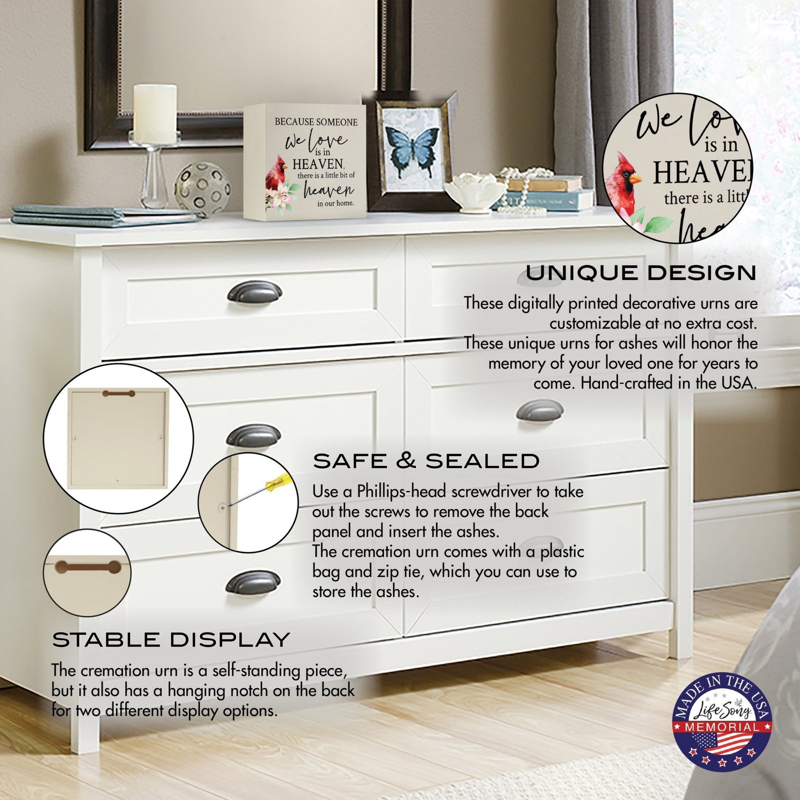 Wooden shadow box urn for human ashes. The urn, adorned with a red cardinal and floral accents, is displayed atop a white dresser in a serene bedroom setting, with informational callouts highlighting its stable design, secure closure, and hanging display option. Perfect for adult memorial tributes.